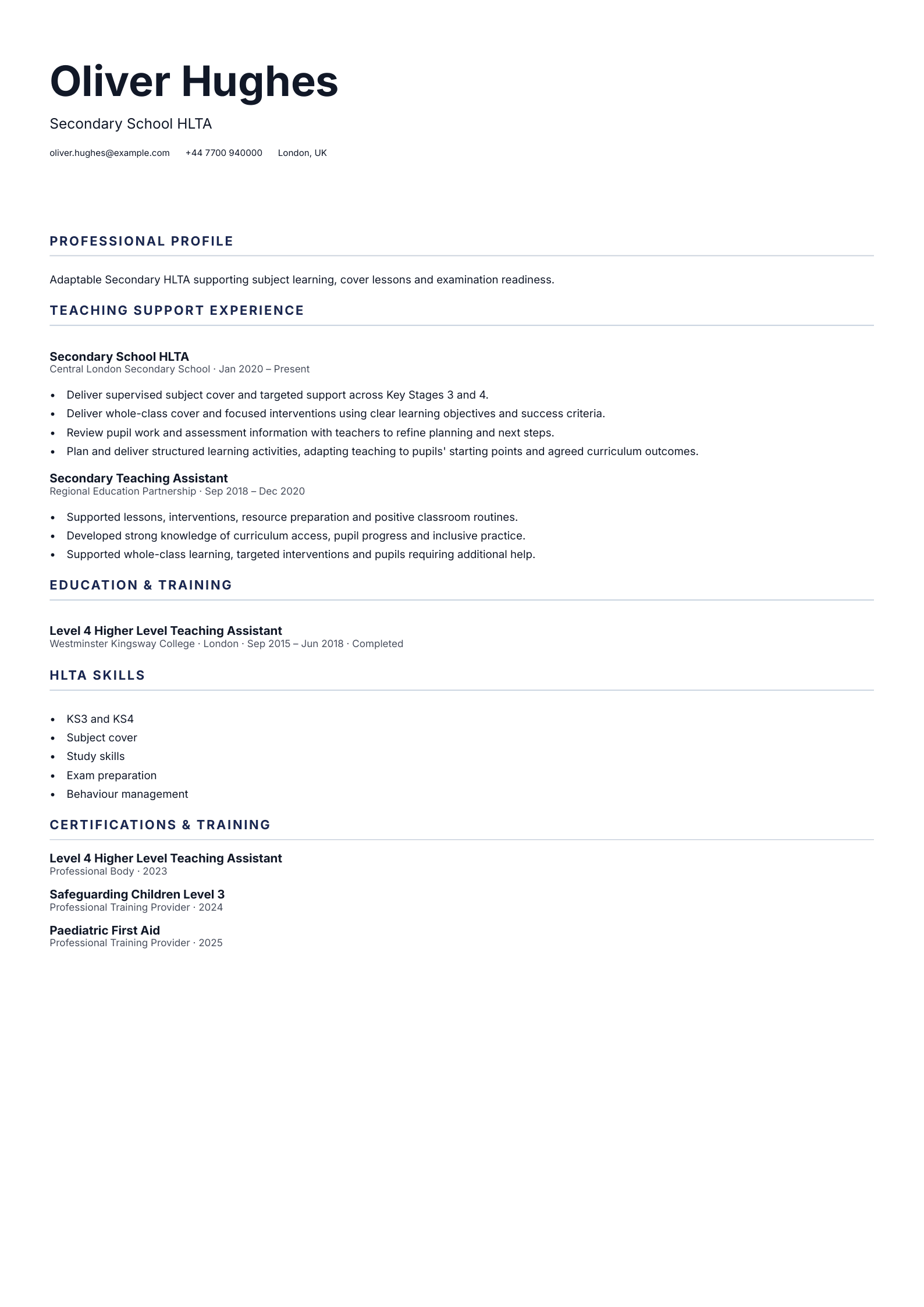 Secondary School HLTA CV template