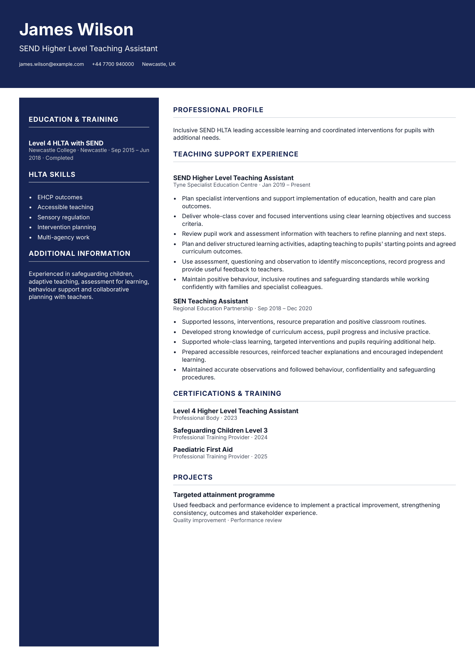 SEND Higher Level Teaching Assistant CV template