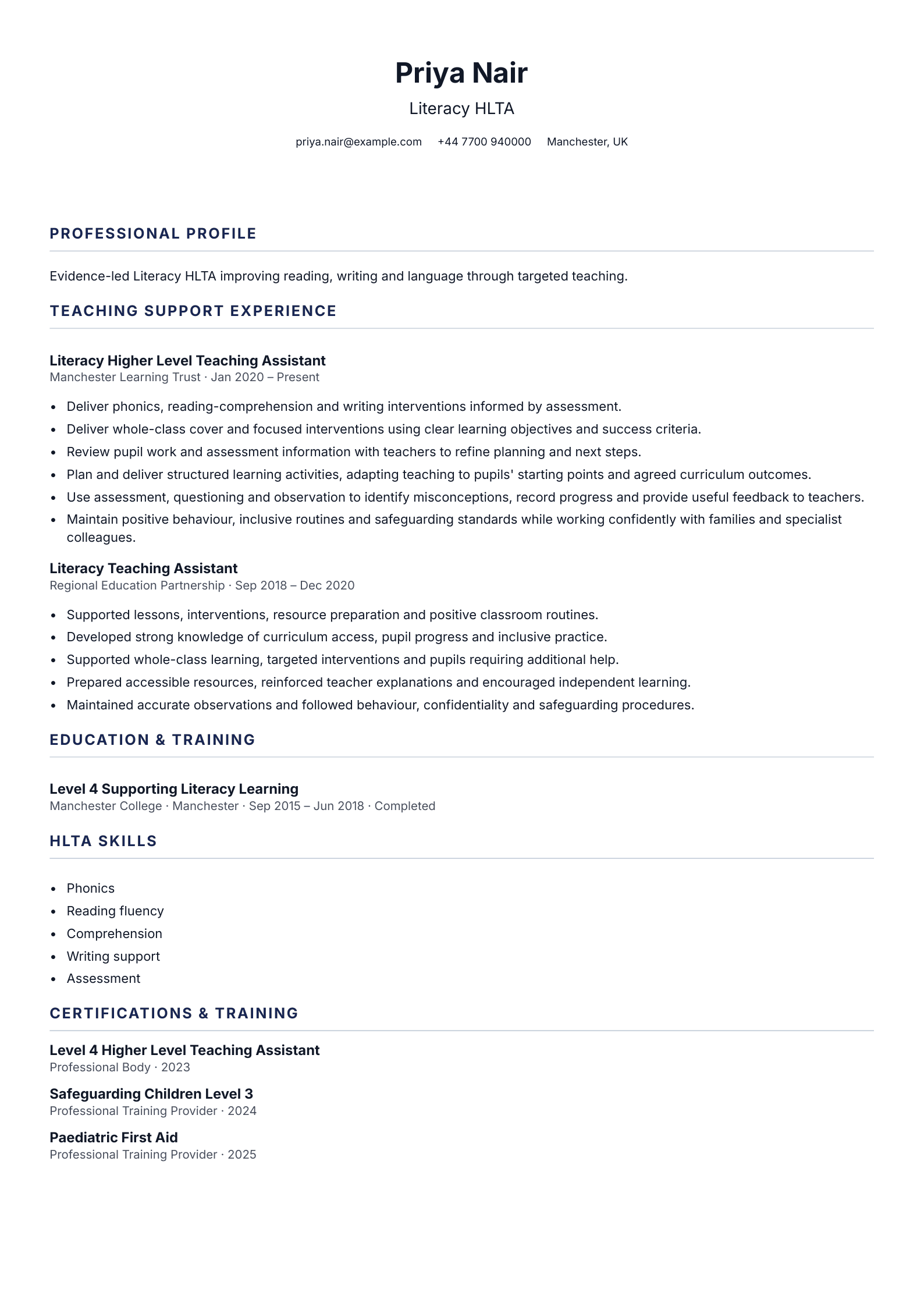 Literacy HLTA CV template
