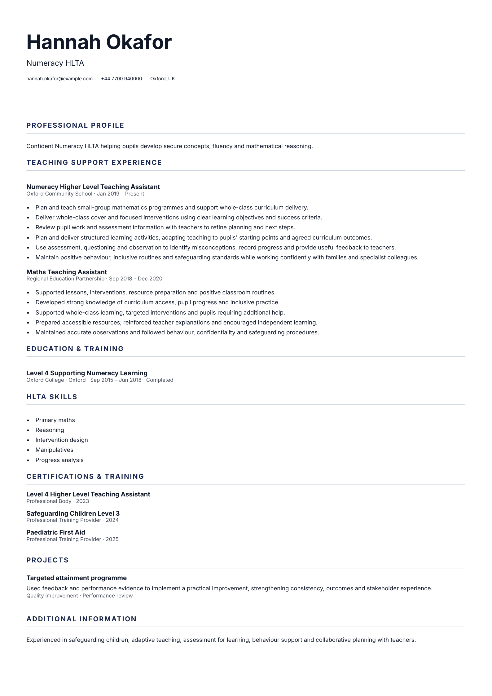 Numeracy HLTA CV template