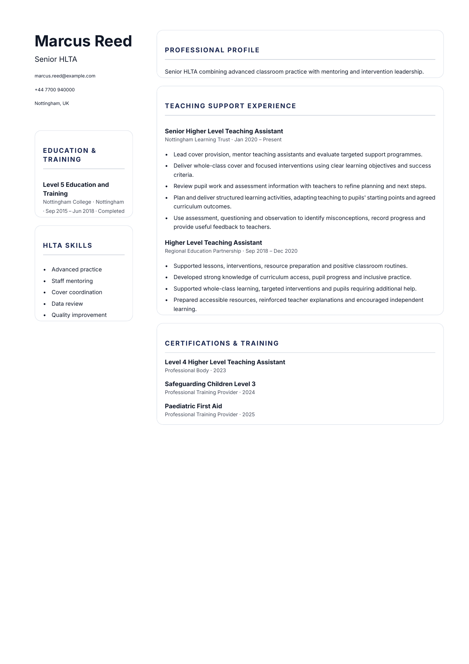 Senior HLTA CV template