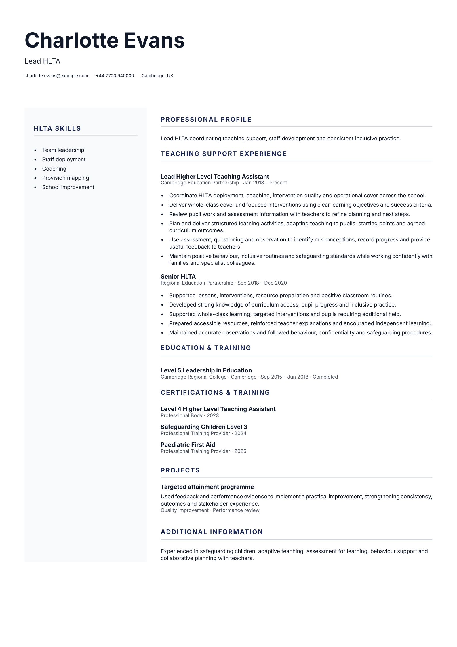 Lead HLTA CV template