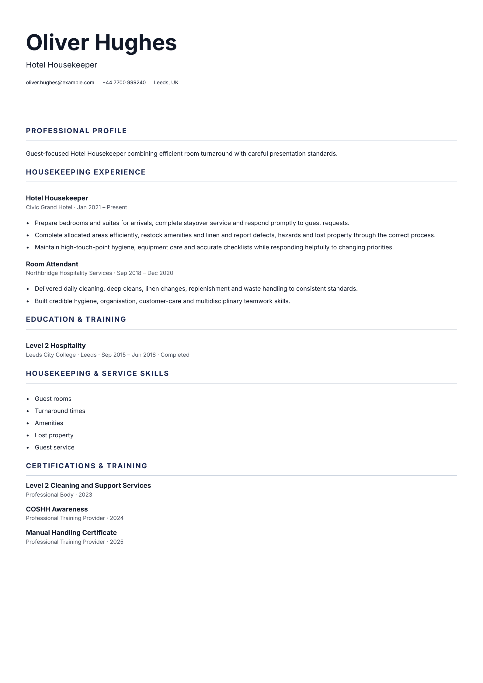 Hotel Housekeeper CV template