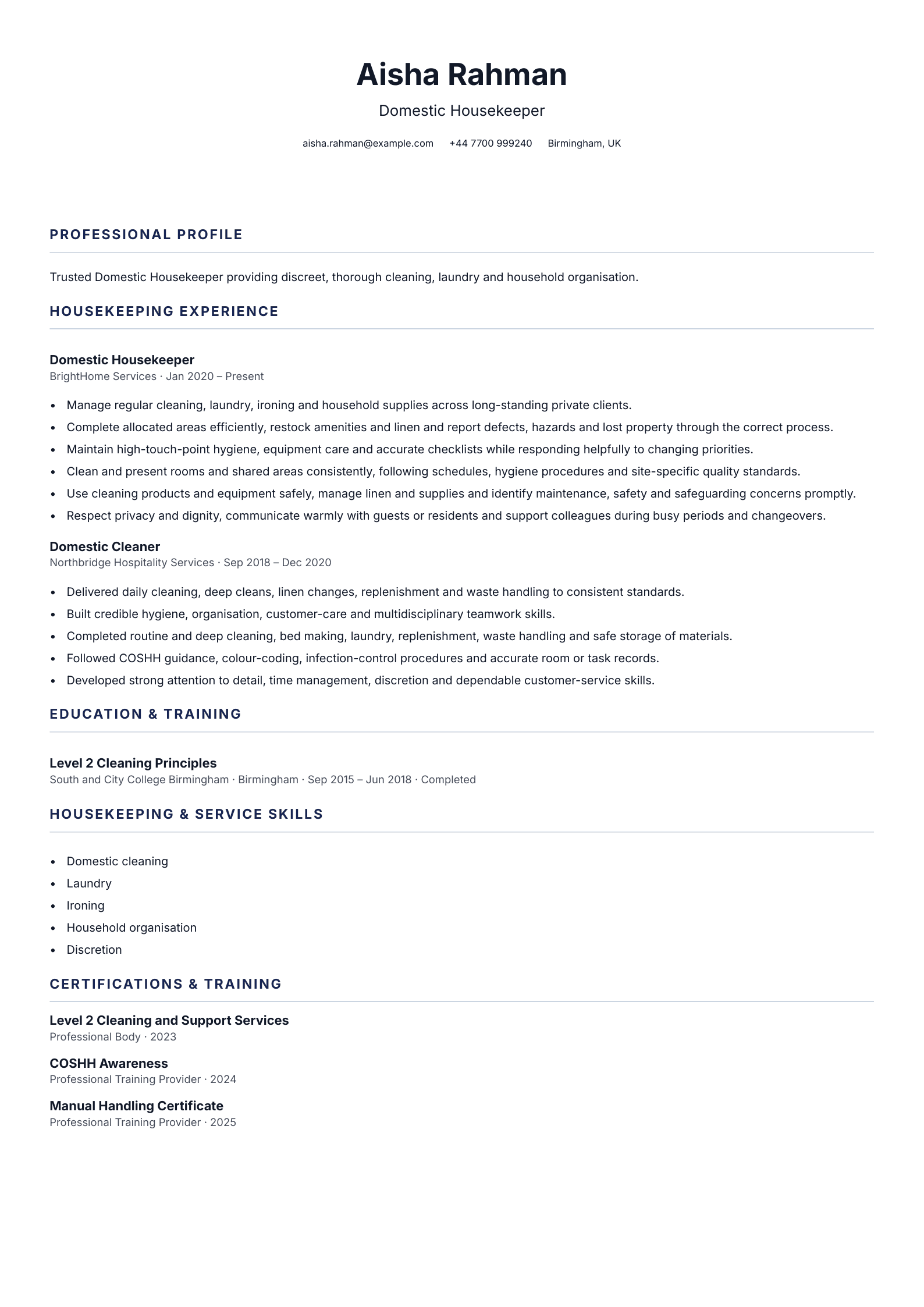 Domestic Housekeeper CV template