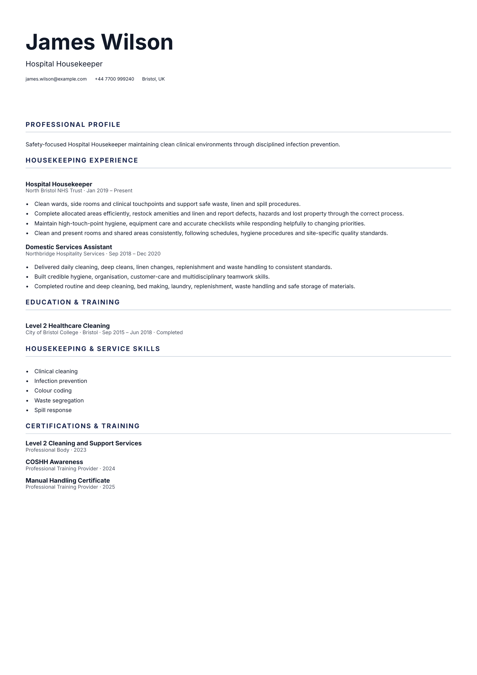 Hospital Housekeeper CV template