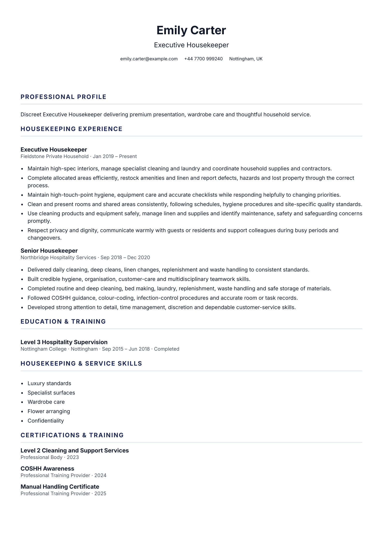 Executive Housekeeper CV template