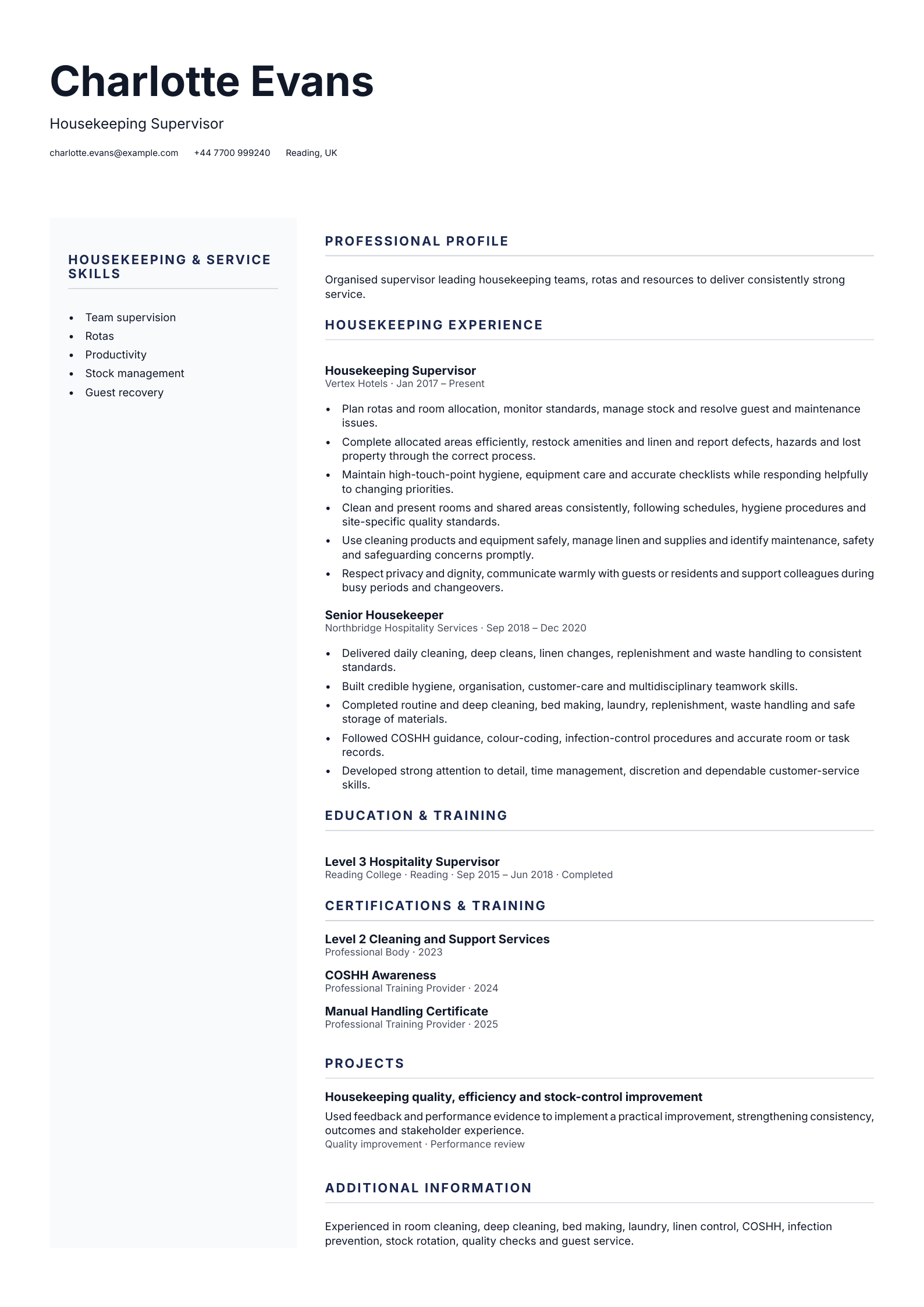 Housekeeping Supervisor CV template