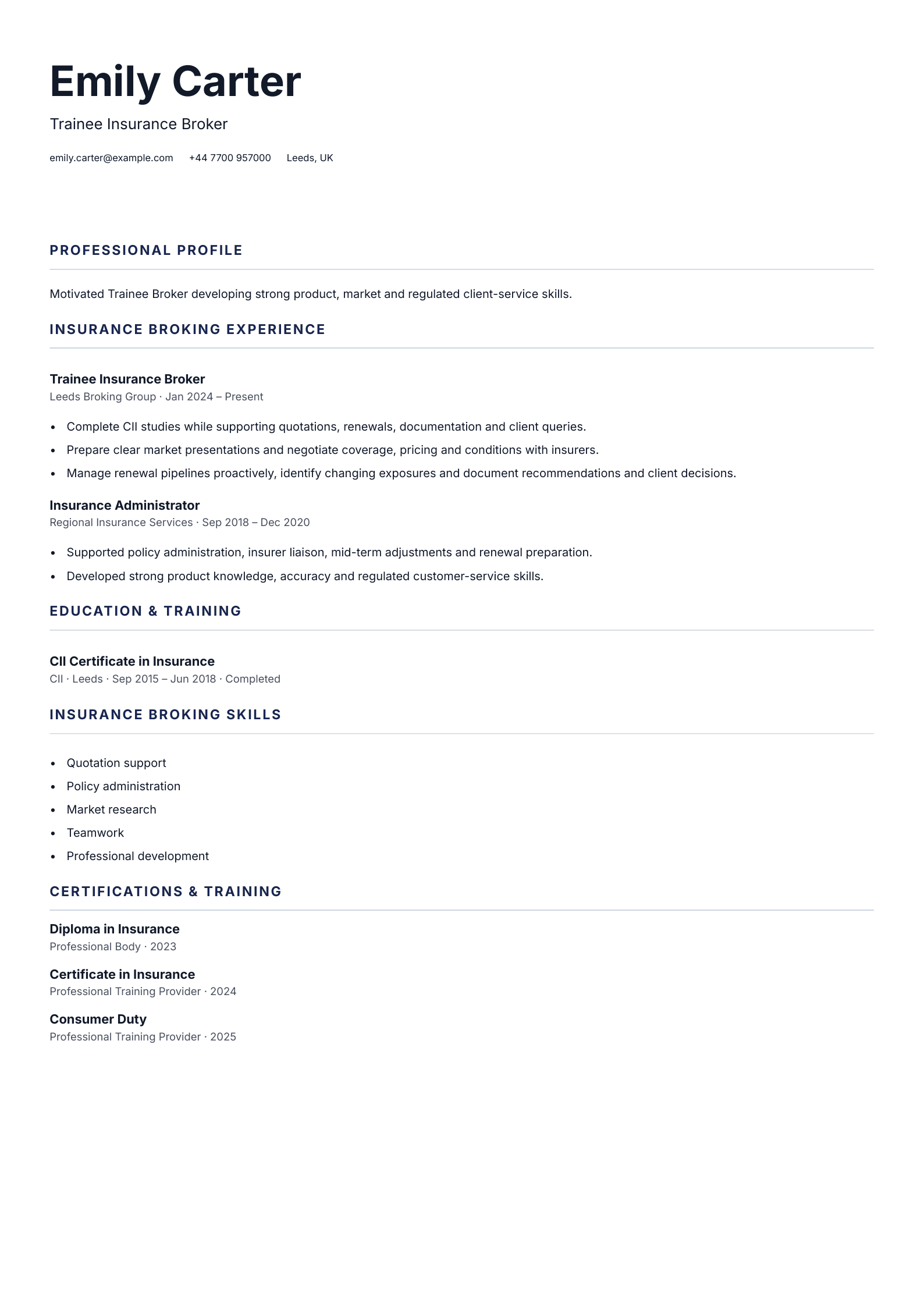 Trainee Insurance Broker CV template