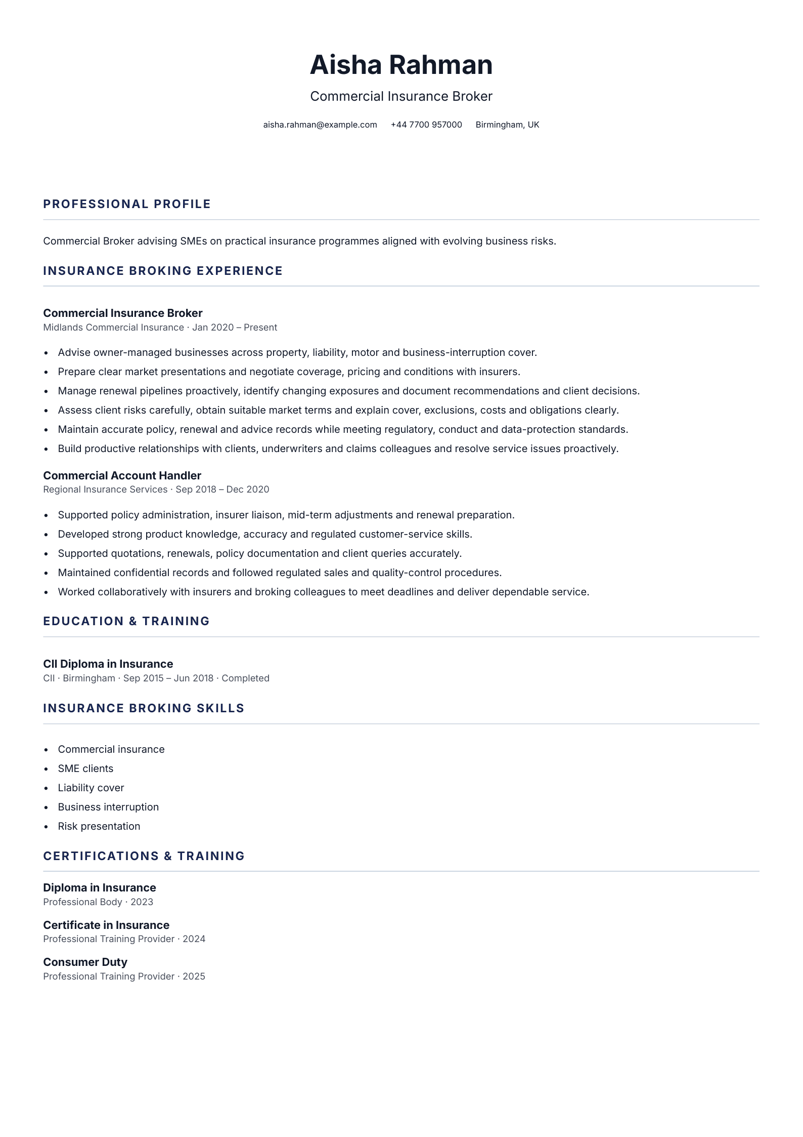 Commercial Insurance Broker CV template