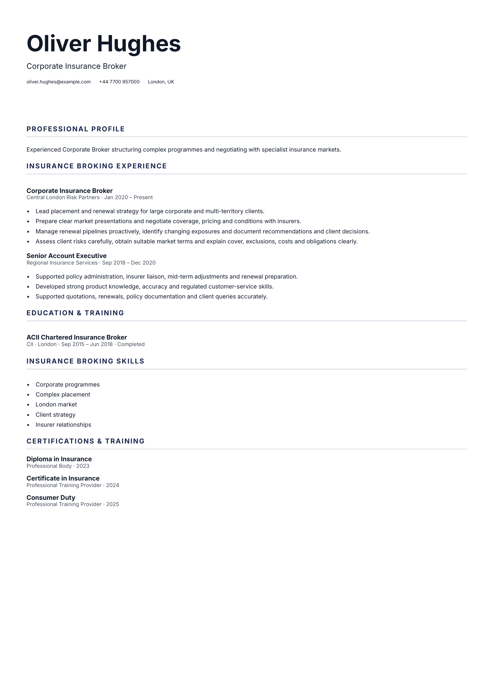 Corporate Insurance Broker CV template