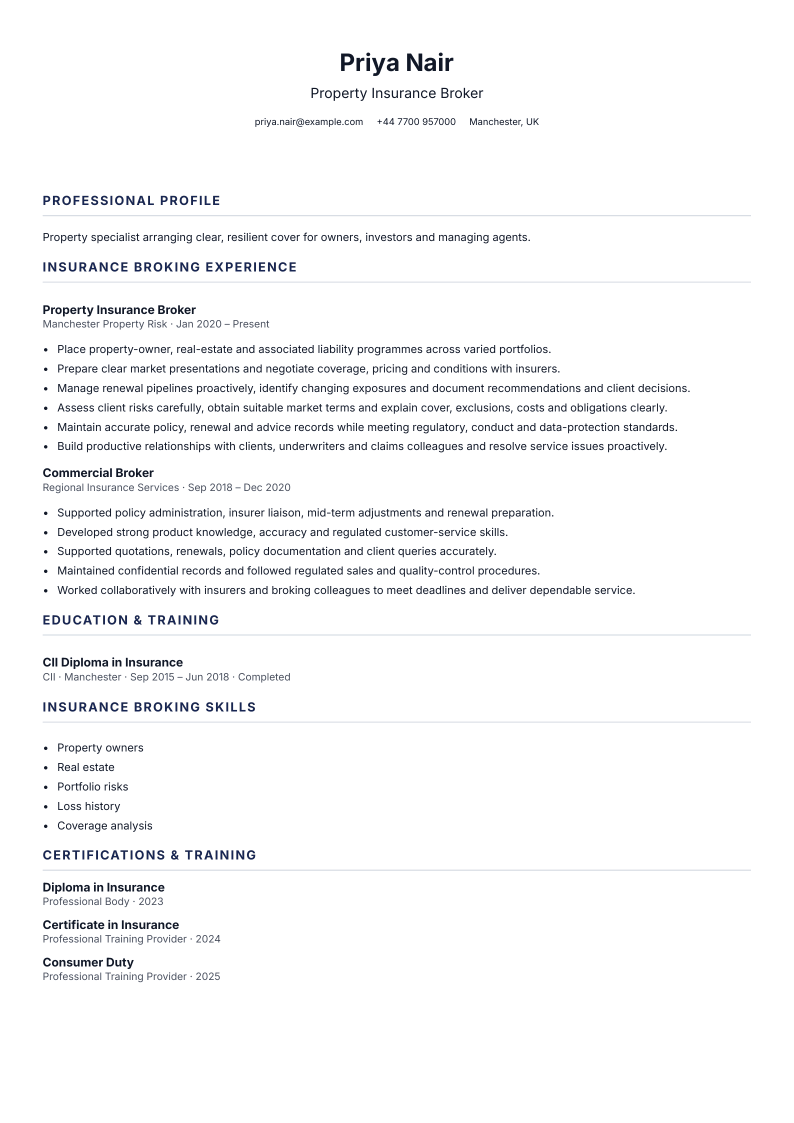 Property Insurance Broker CV template