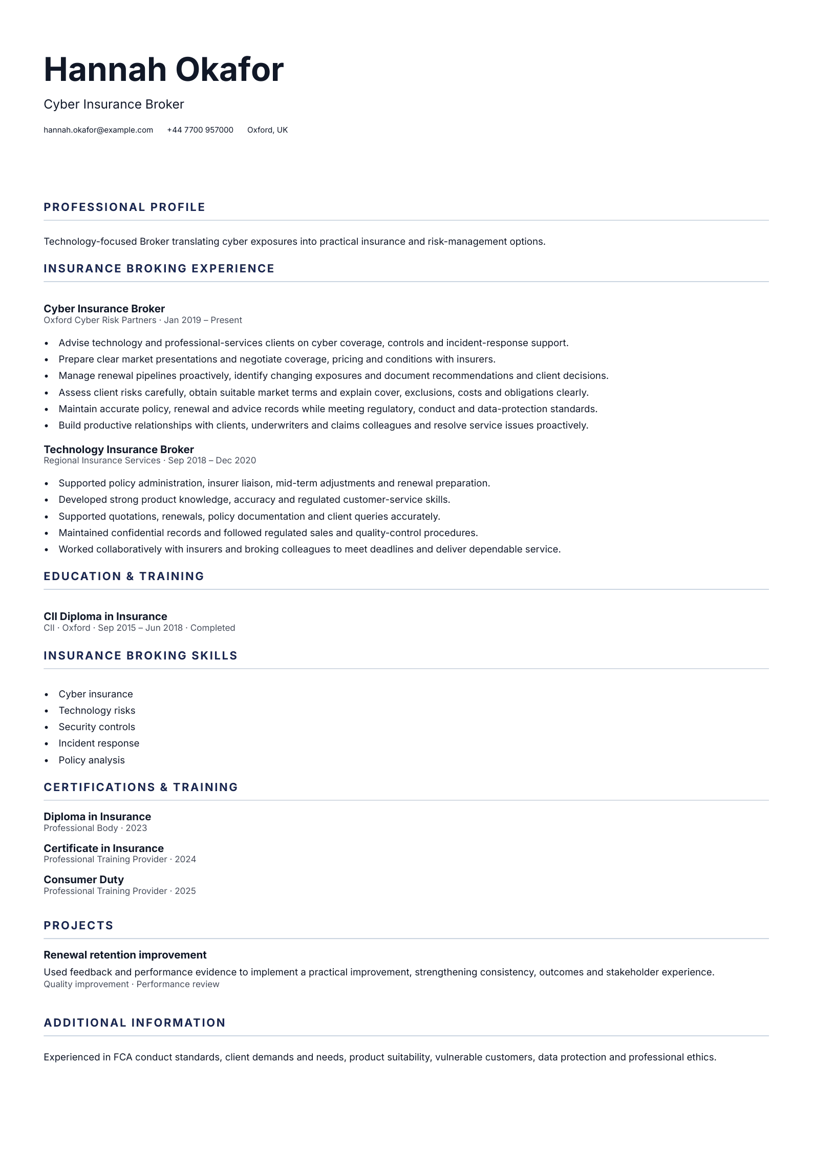 Cyber Insurance Broker CV template
