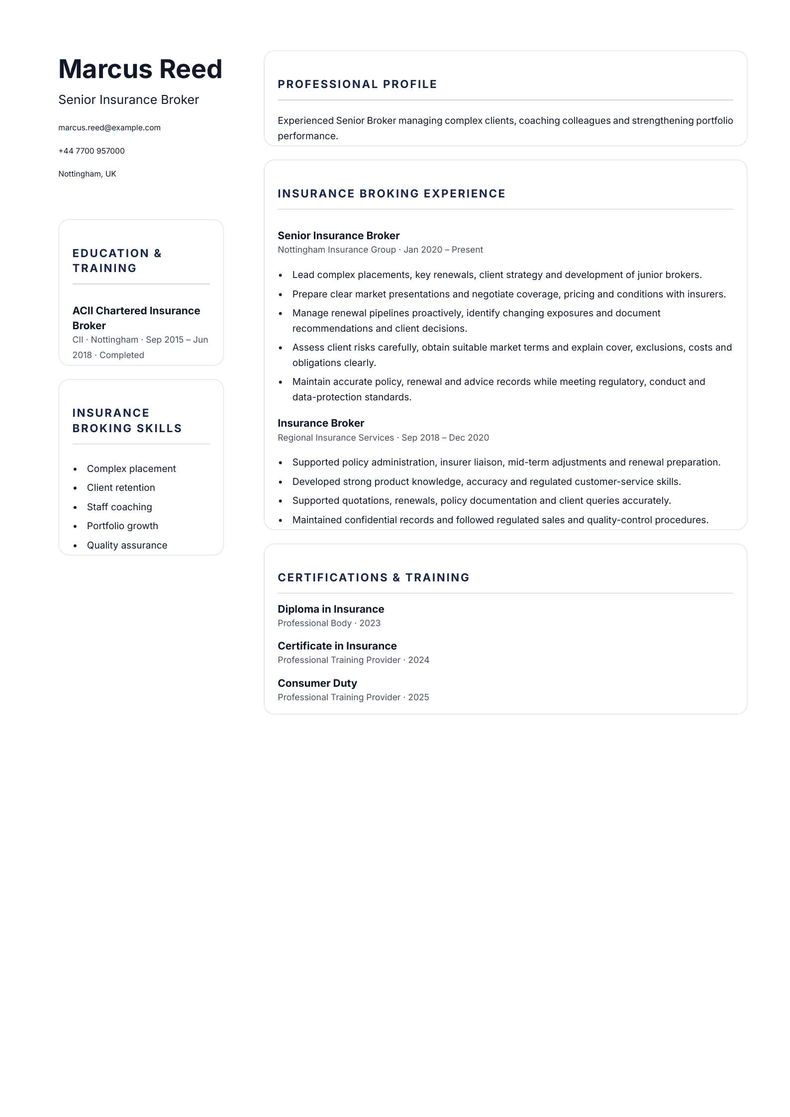 Senior Insurance Broker CV template