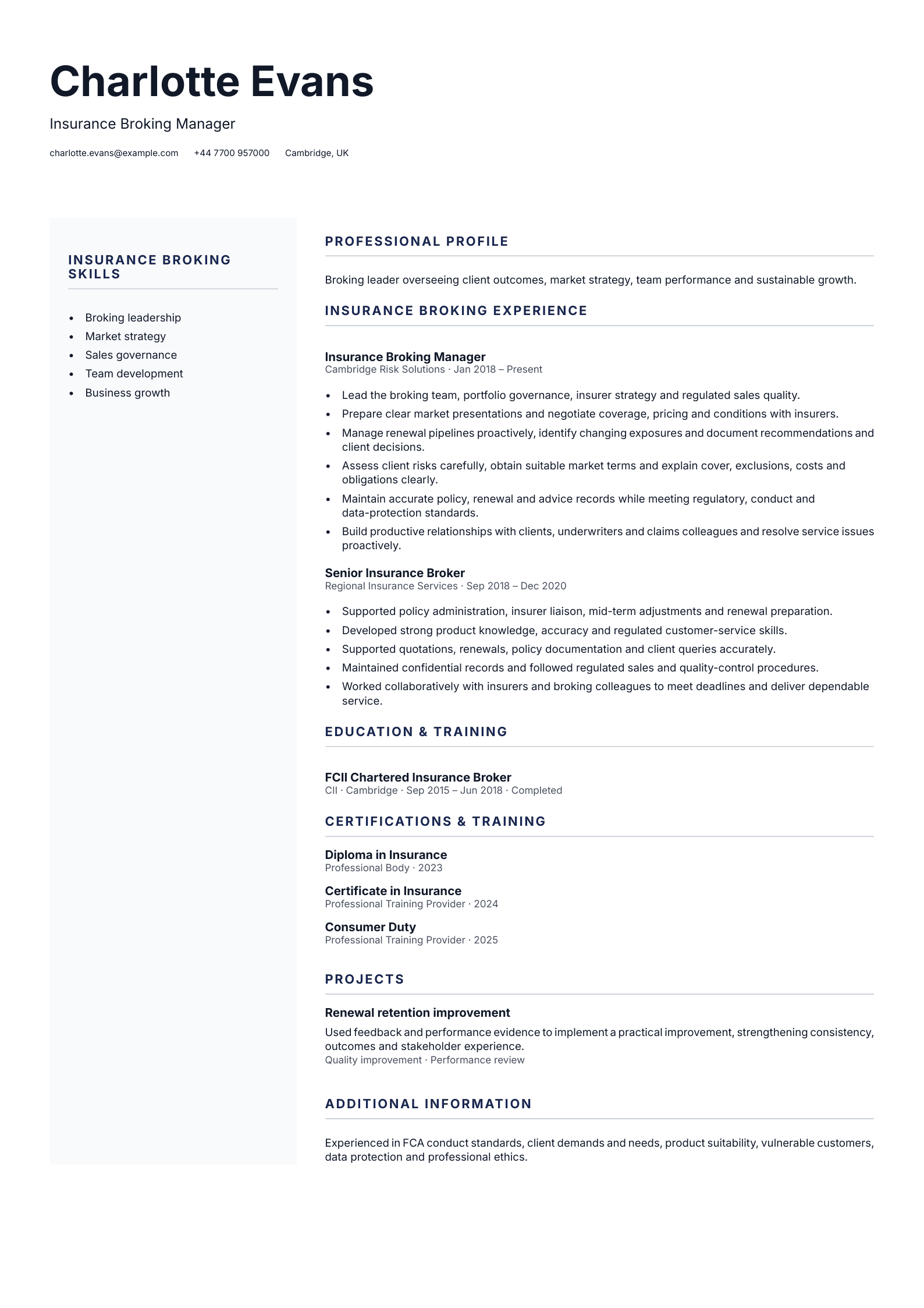 Insurance Broking Manager CV template