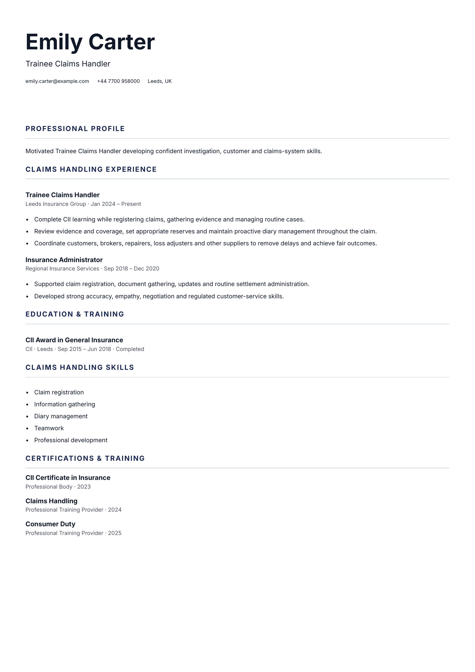 Trainee Claims Handler CV template