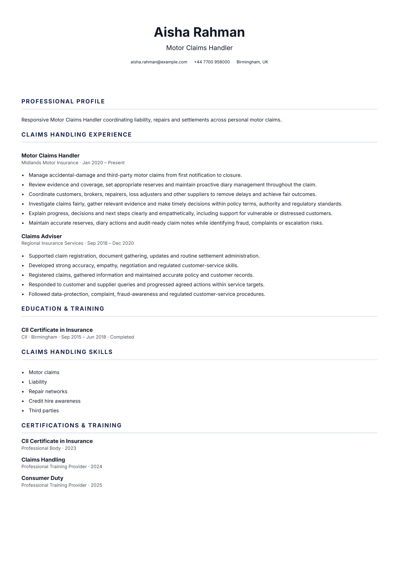 Motor Claims Handler CV template