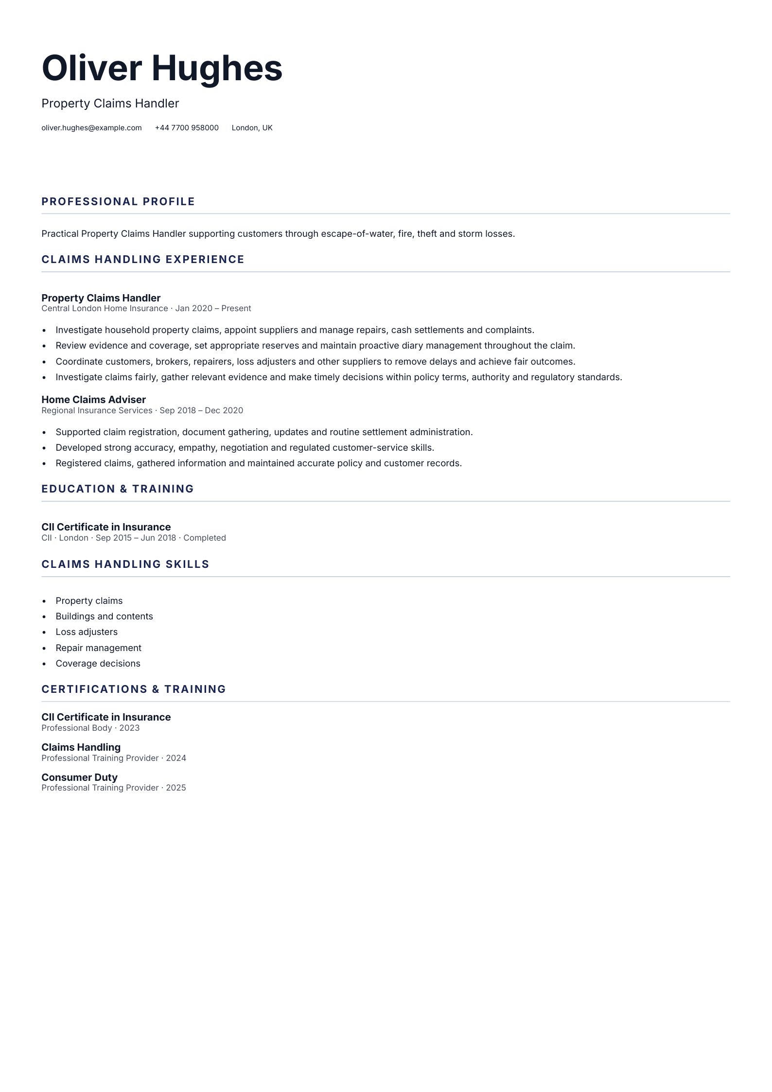 Property Claims Handler CV template