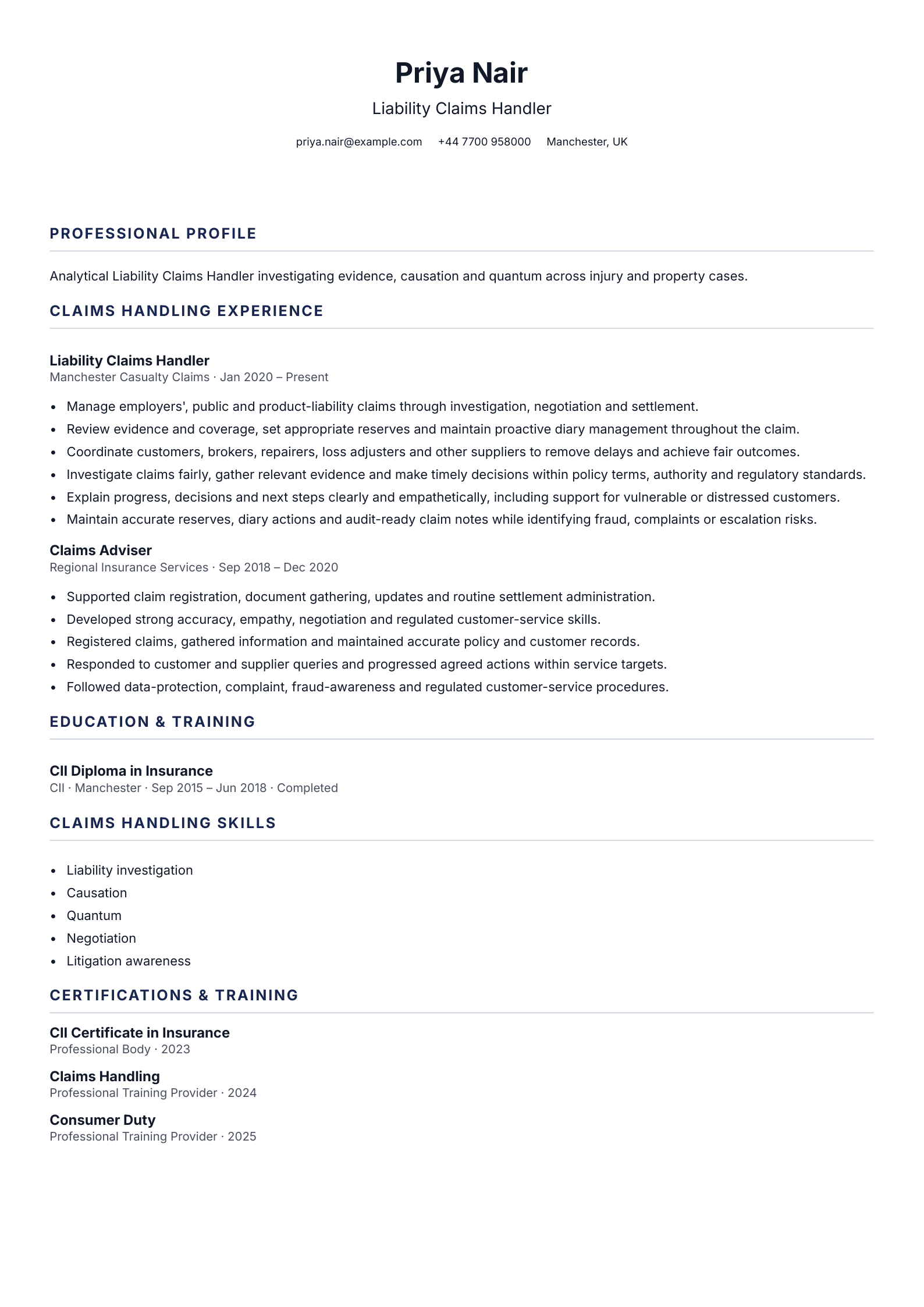 Liability Claims Handler CV template