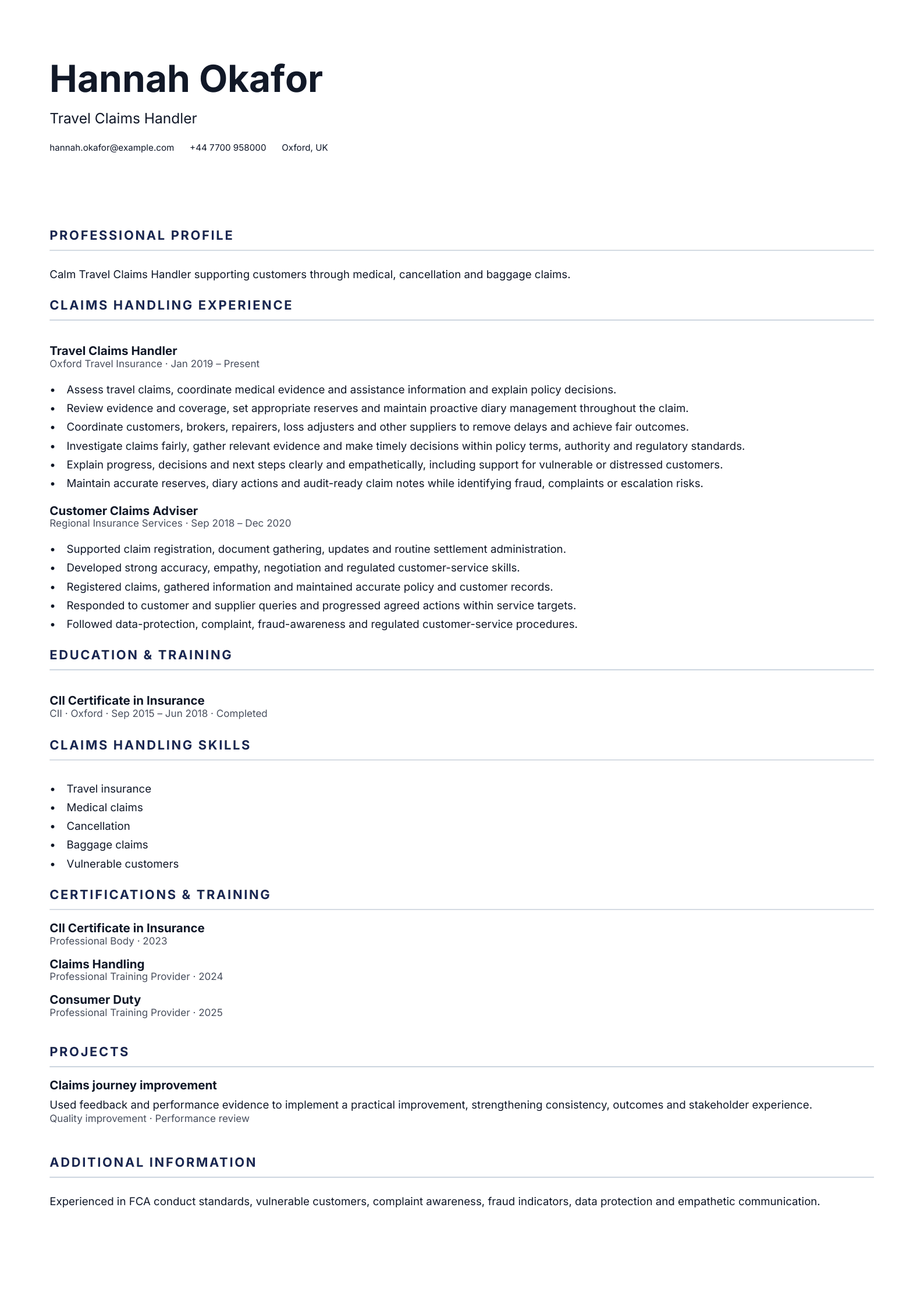 Travel Claims Handler CV template