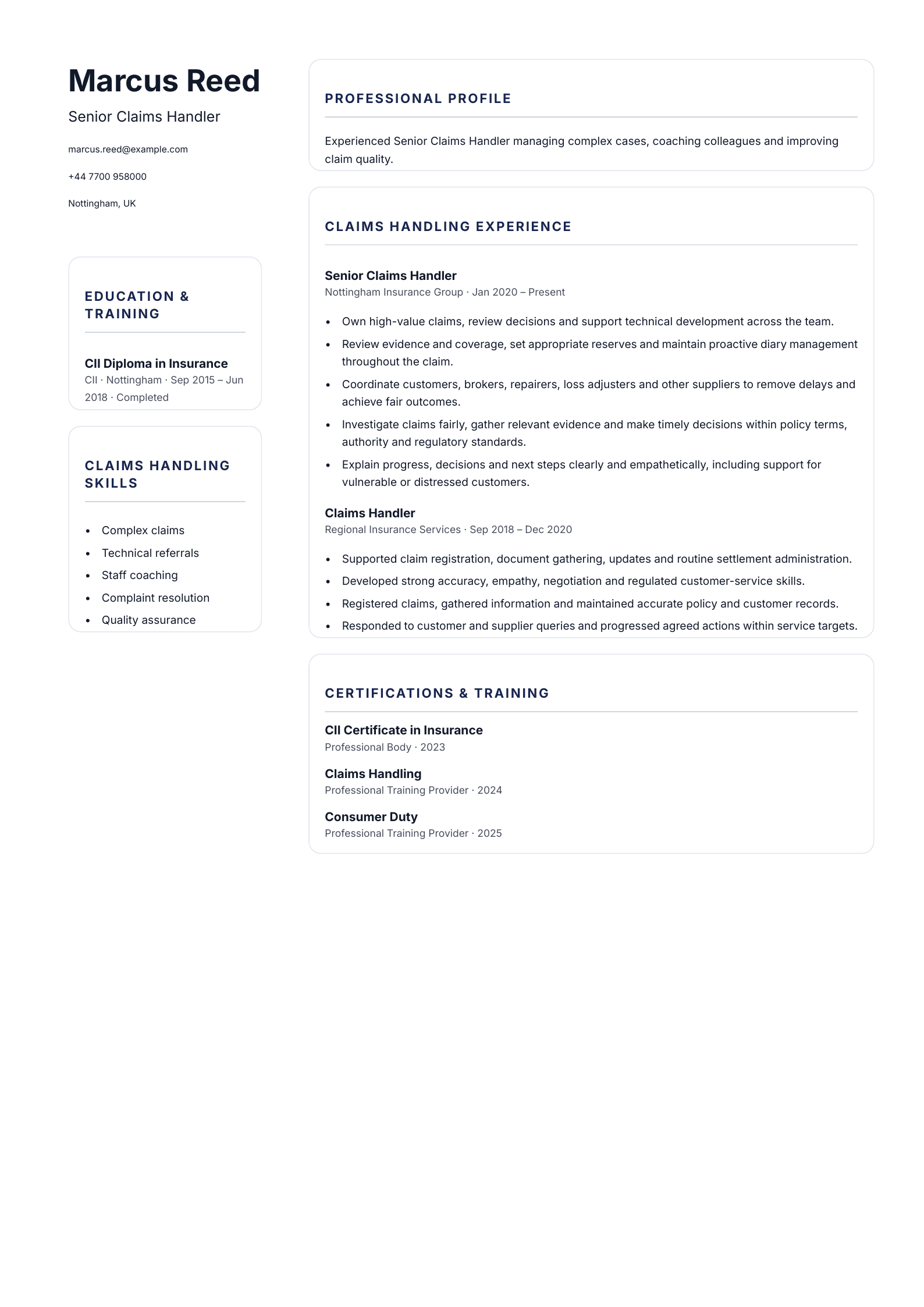 Senior Claims Handler CV template