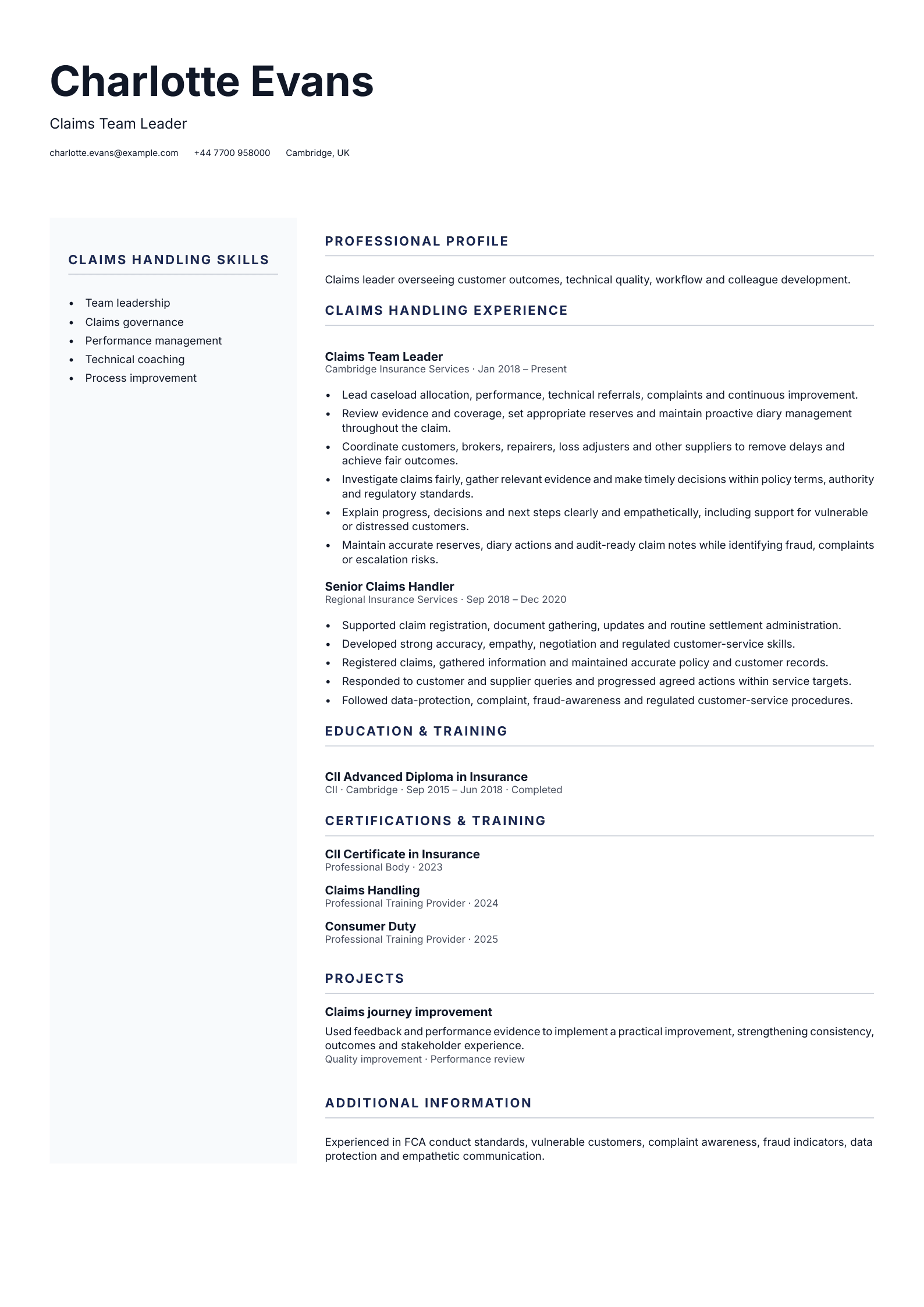 Claims Team Leader CV template