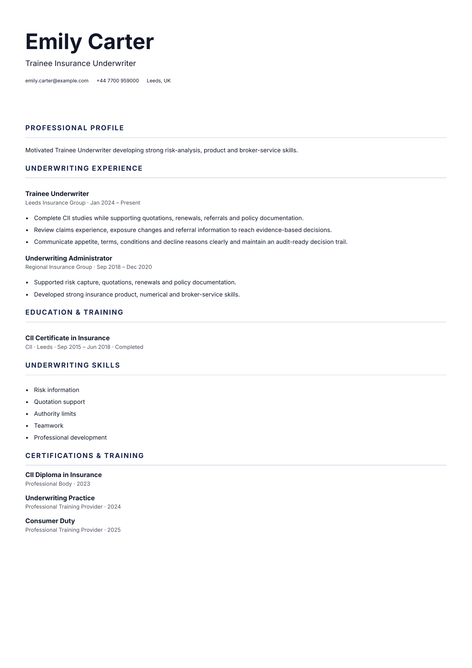 Trainee Insurance Underwriter CV template