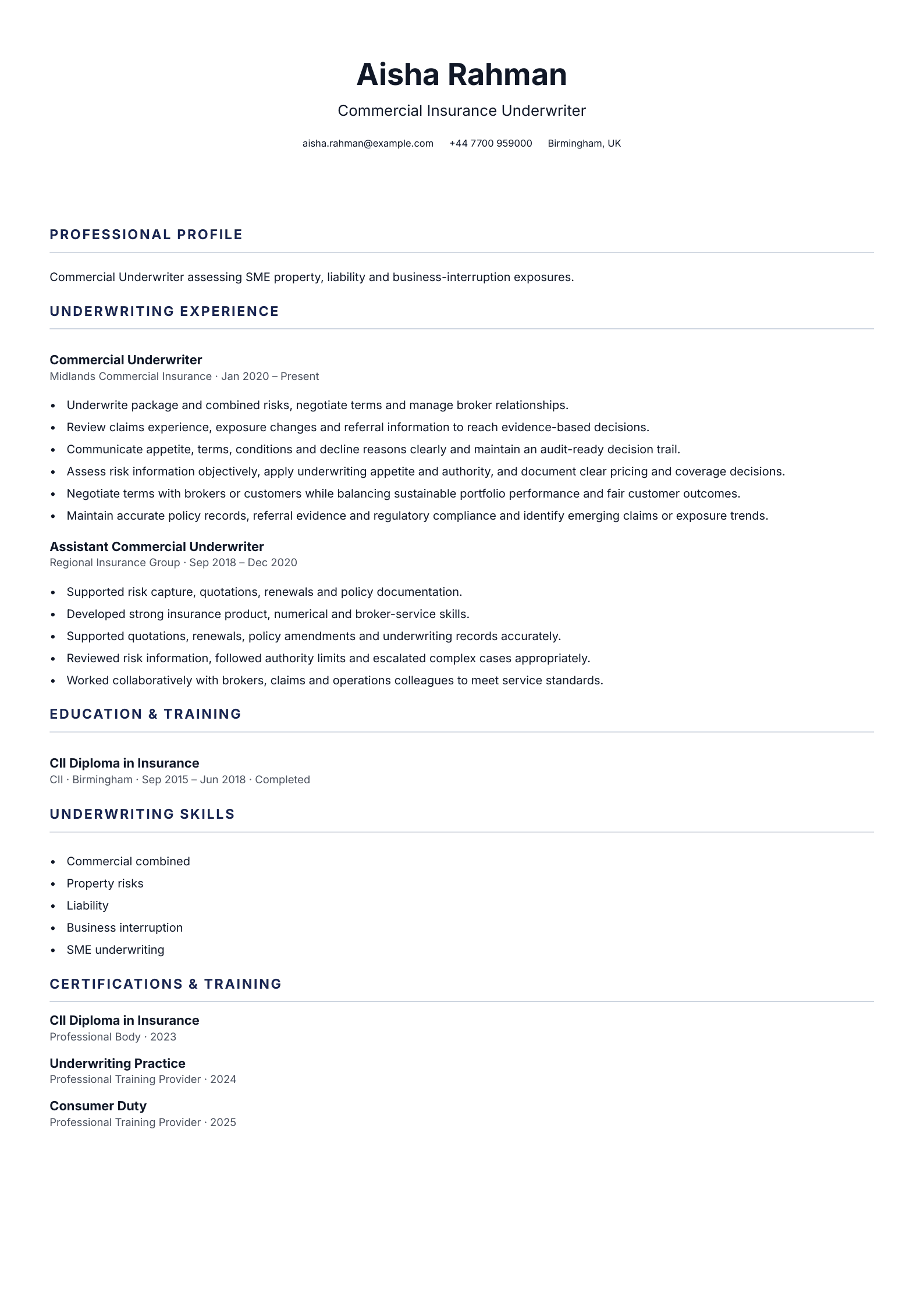 Commercial Insurance Underwriter CV template