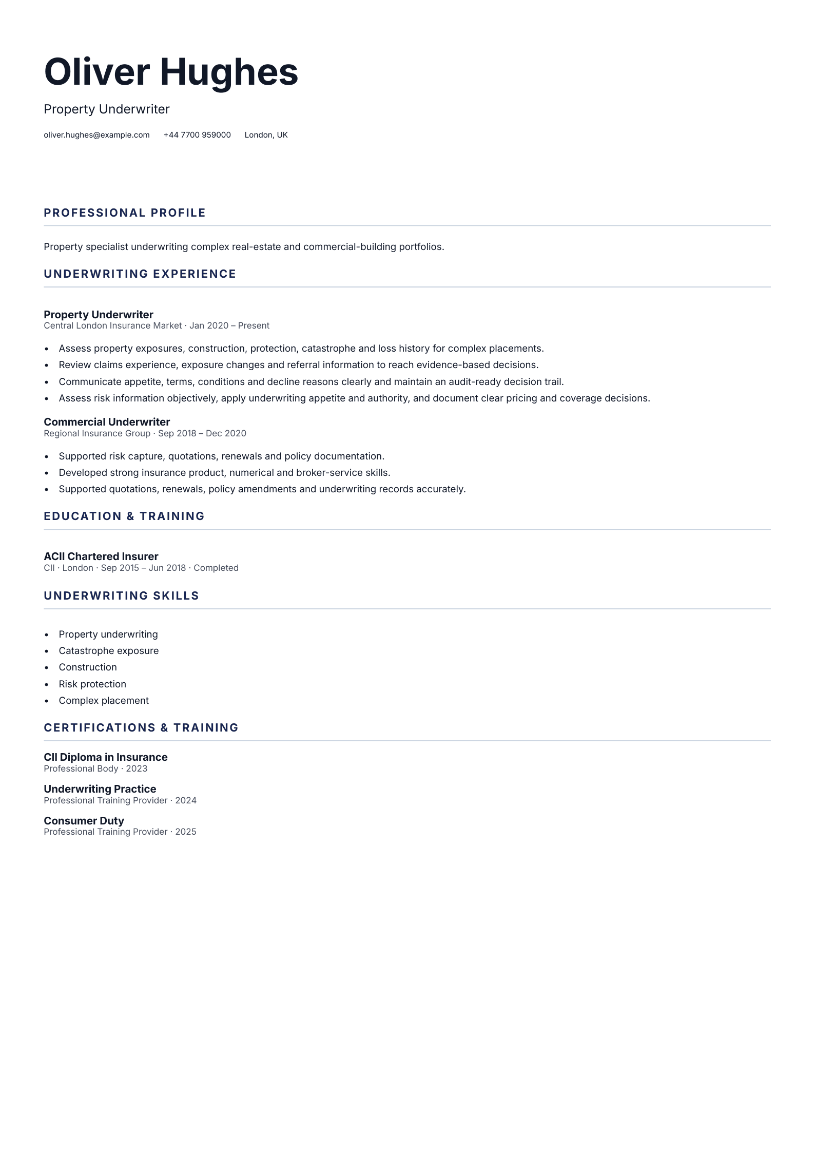 Property Underwriter CV template