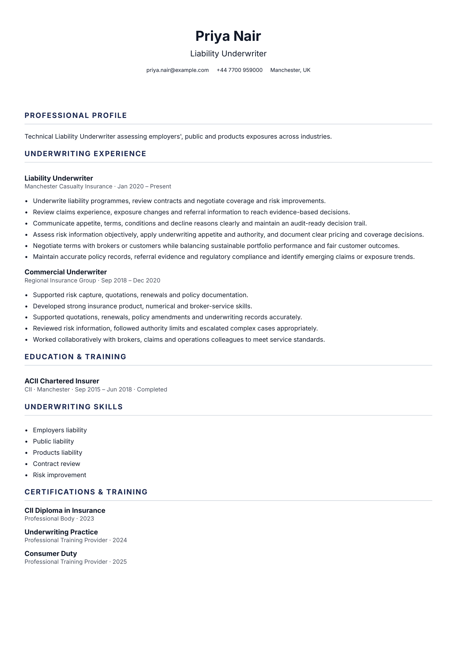 Liability Underwriter CV template