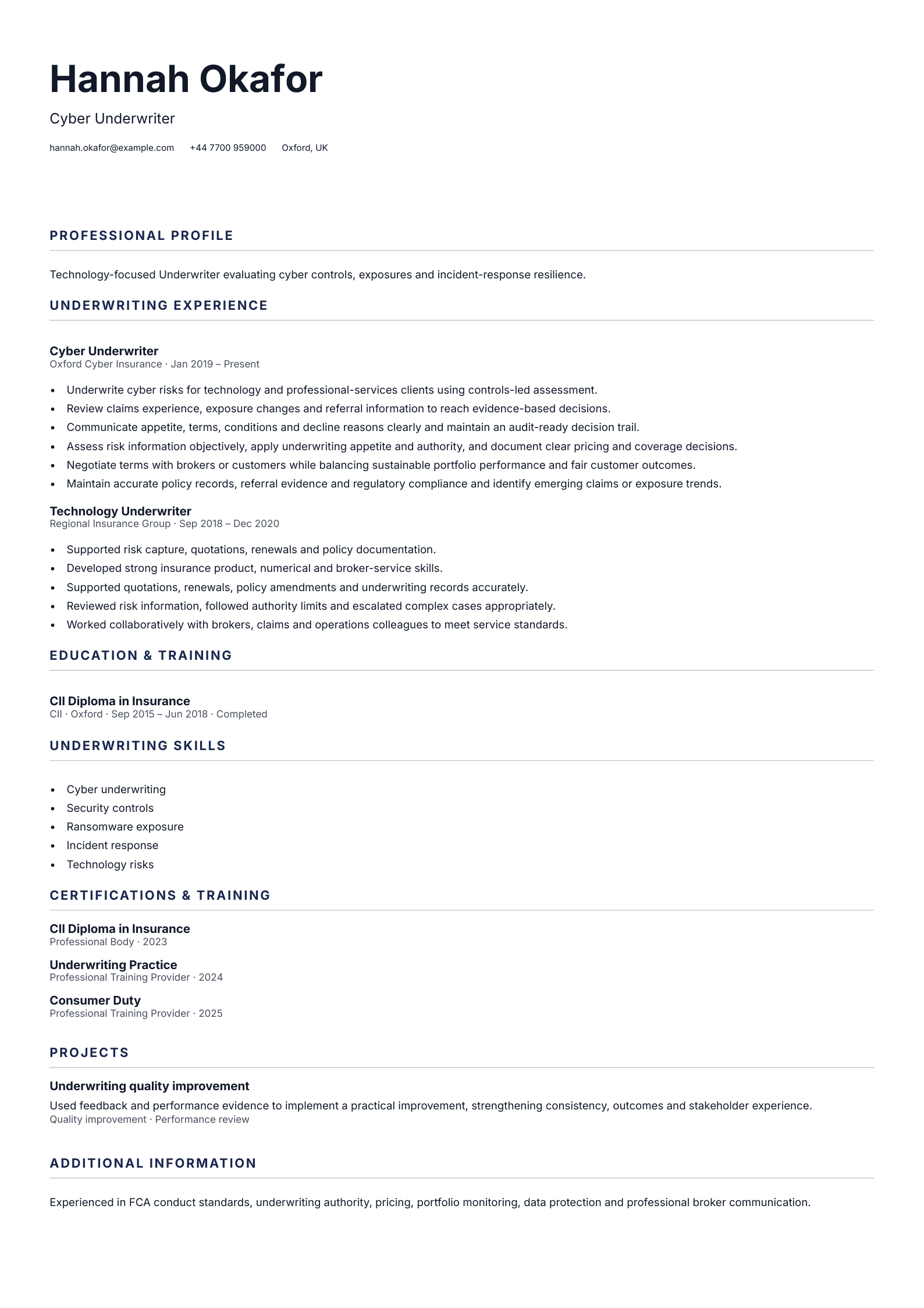 Cyber Underwriter CV template
