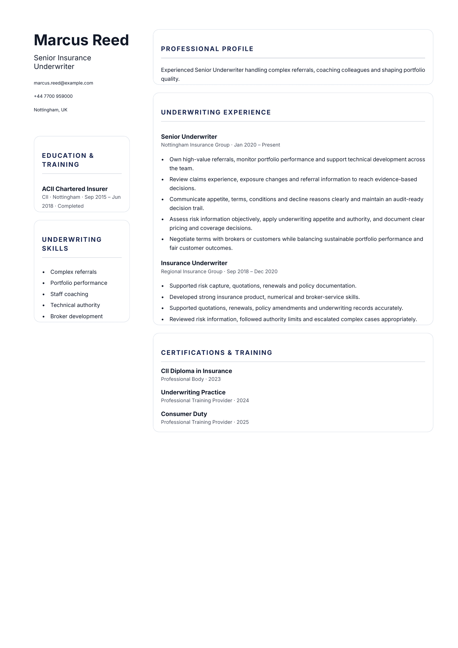 Senior Insurance Underwriter CV template