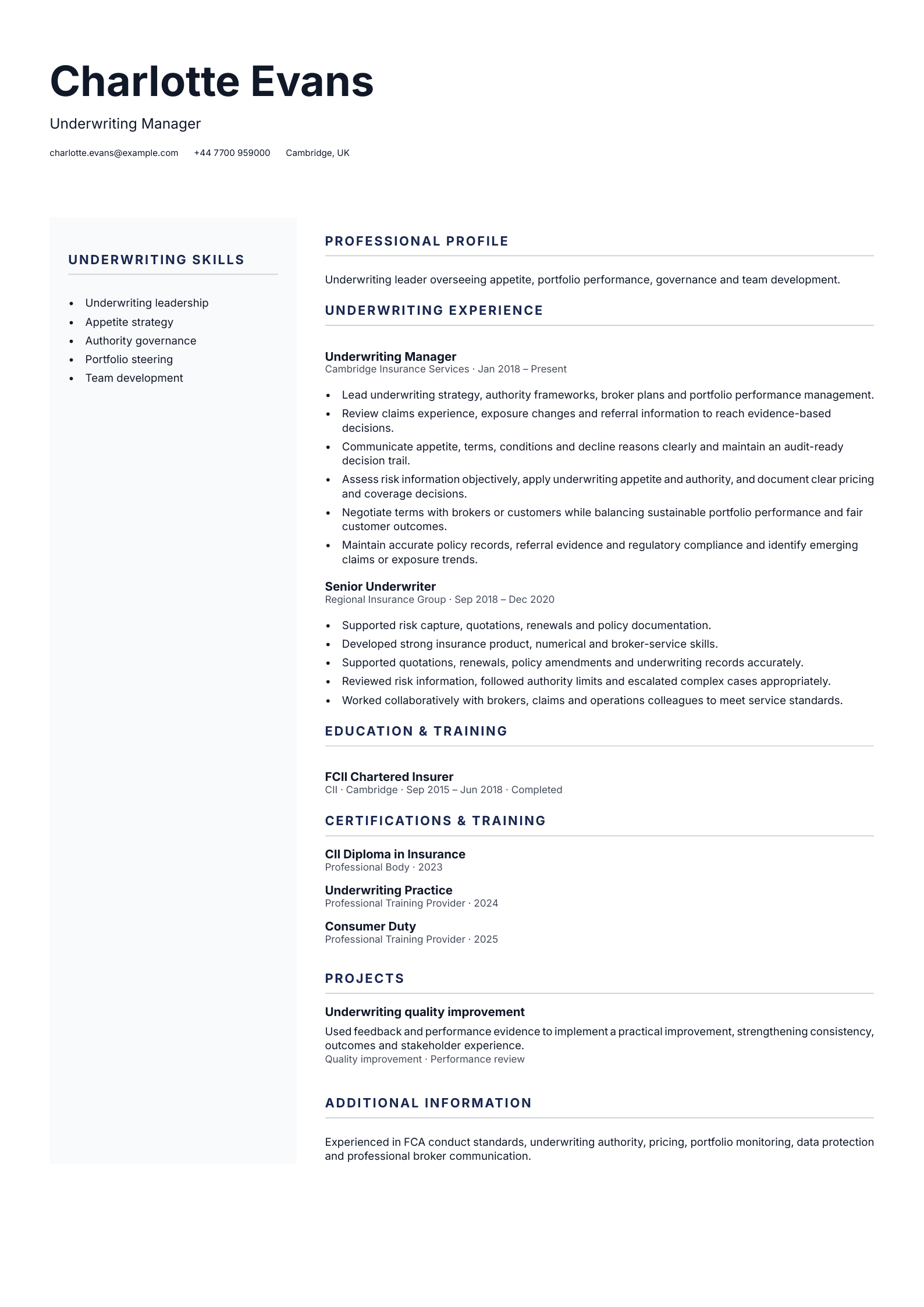 Underwriting Manager CV template