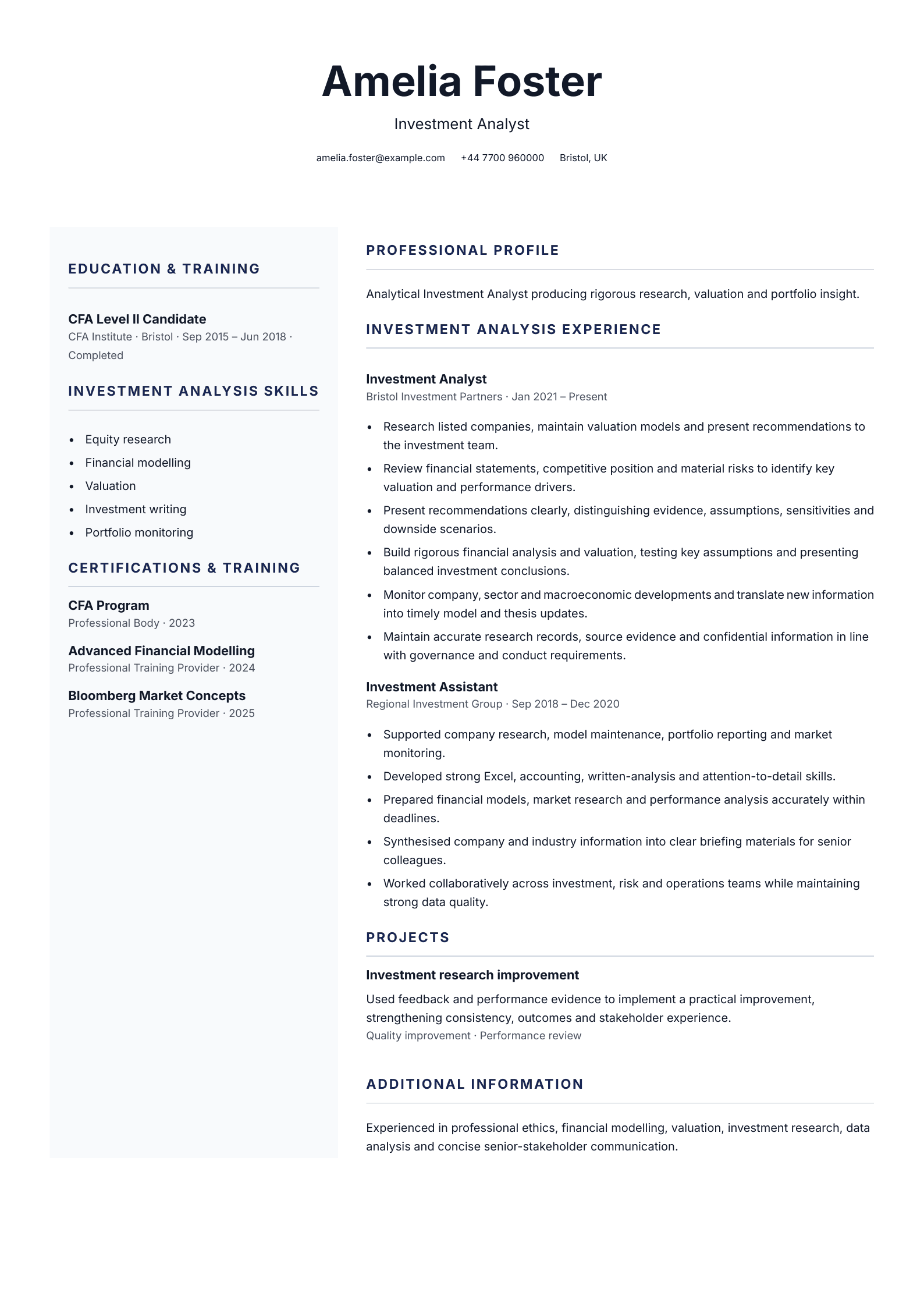 Investment analyst CV