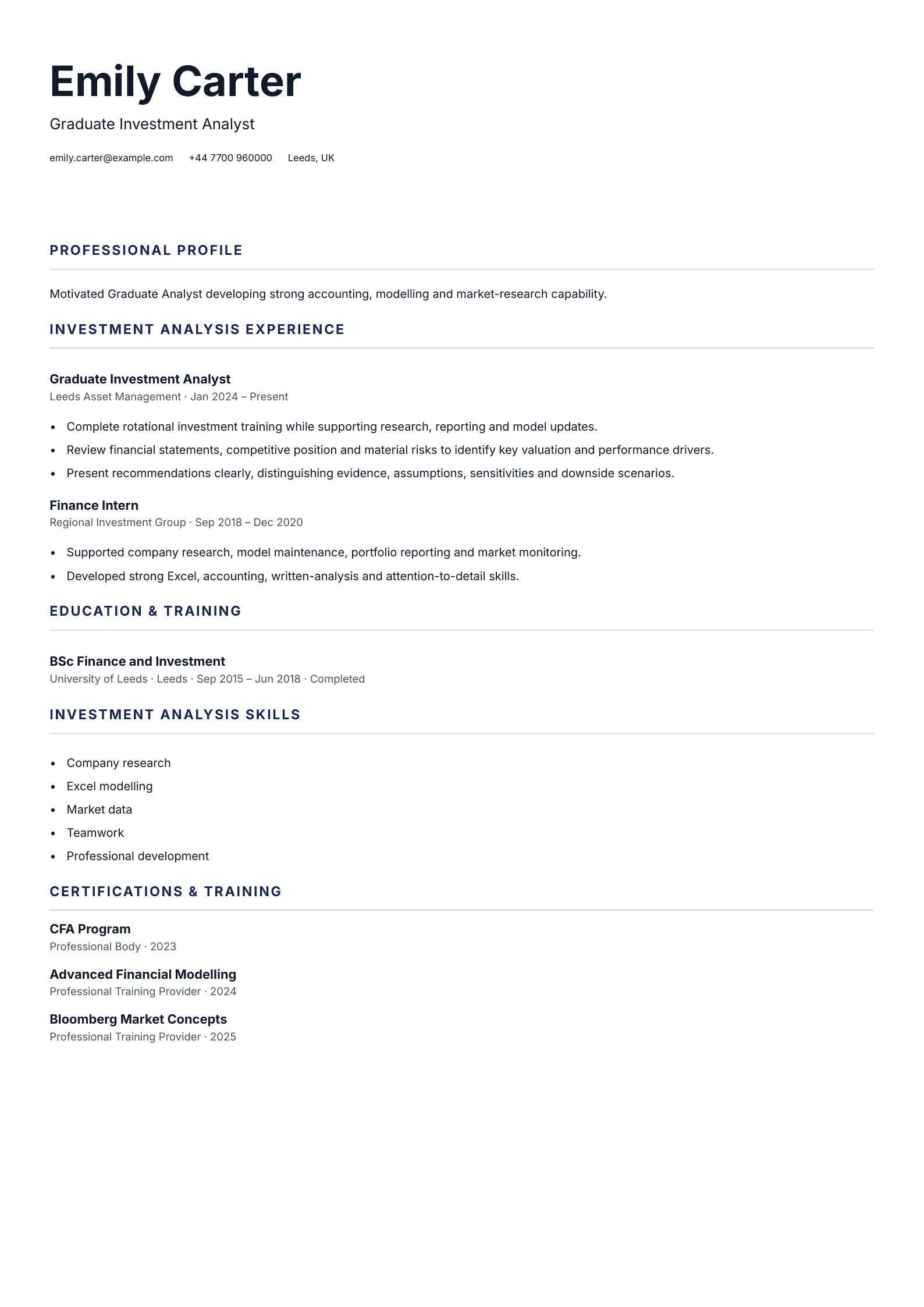Graduate Investment Analyst CV template
