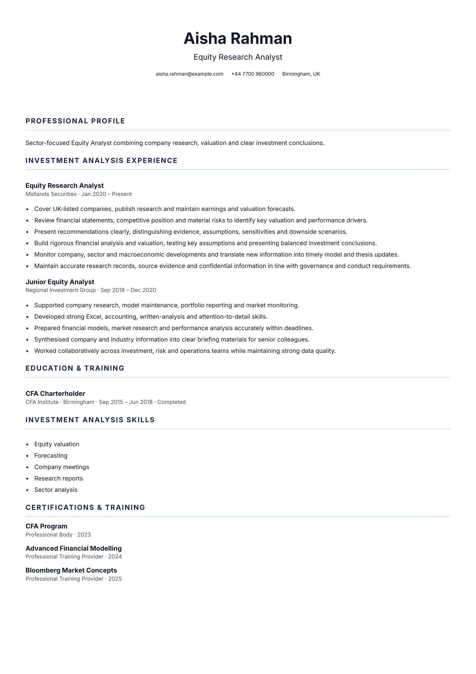 Equity Research Analyst CV template