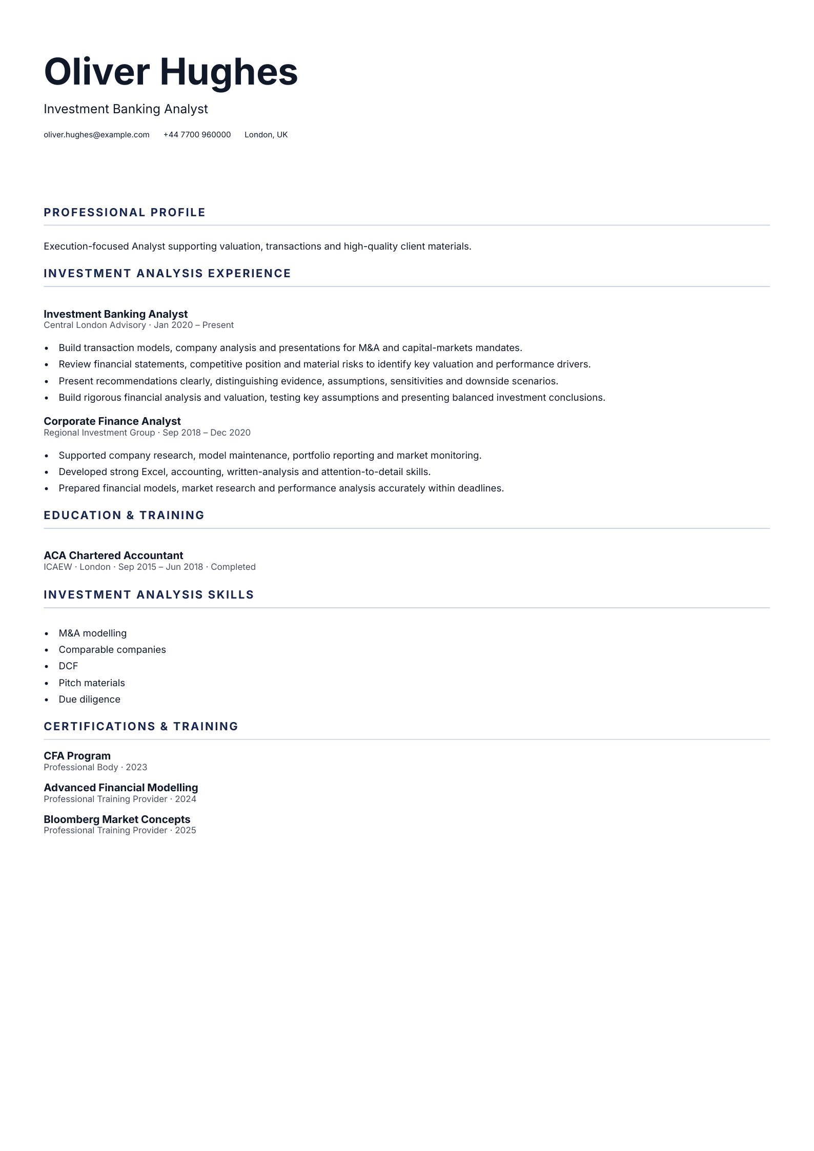 Investment Banking Analyst CV template
