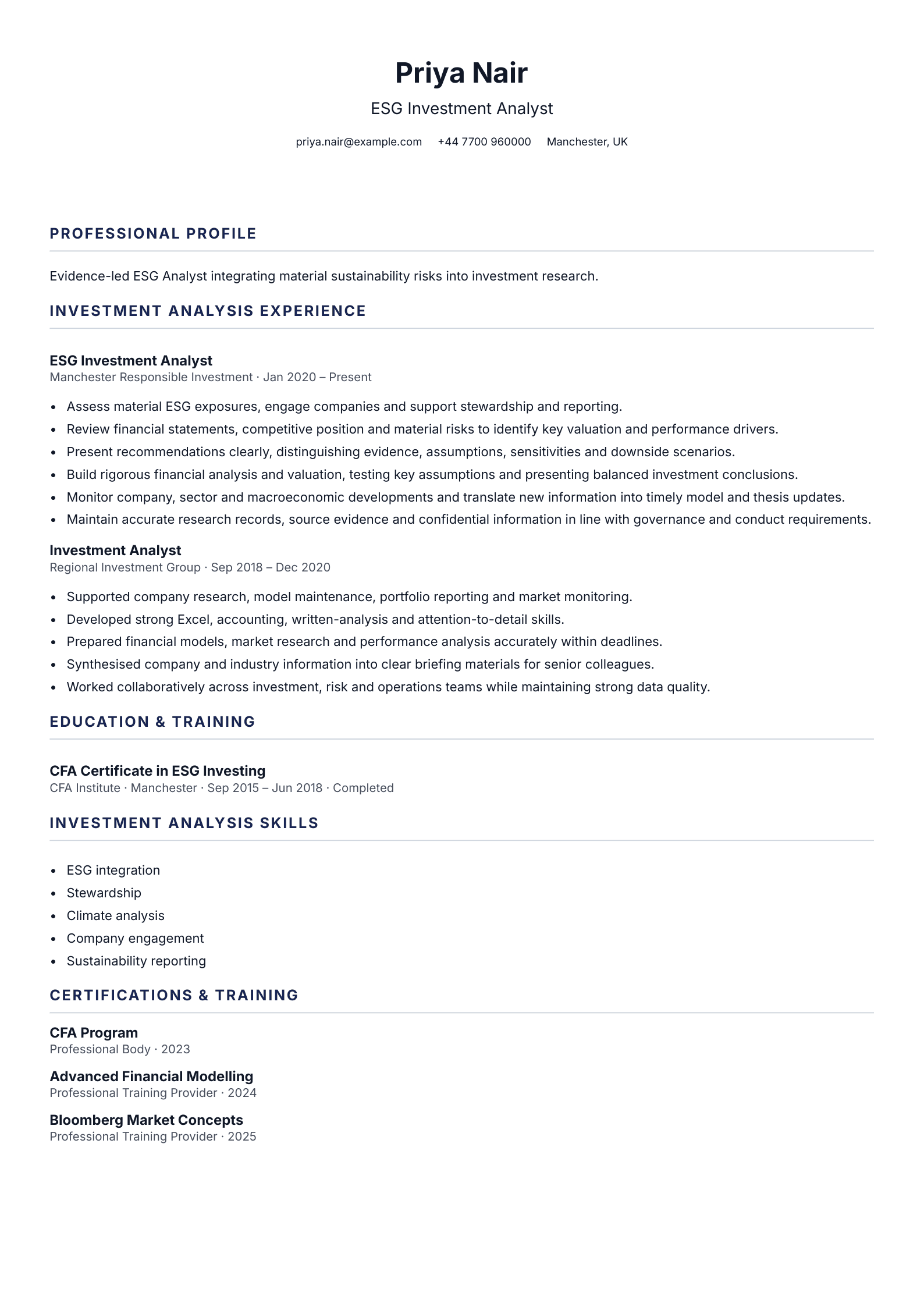 ESG Investment Analyst CV template