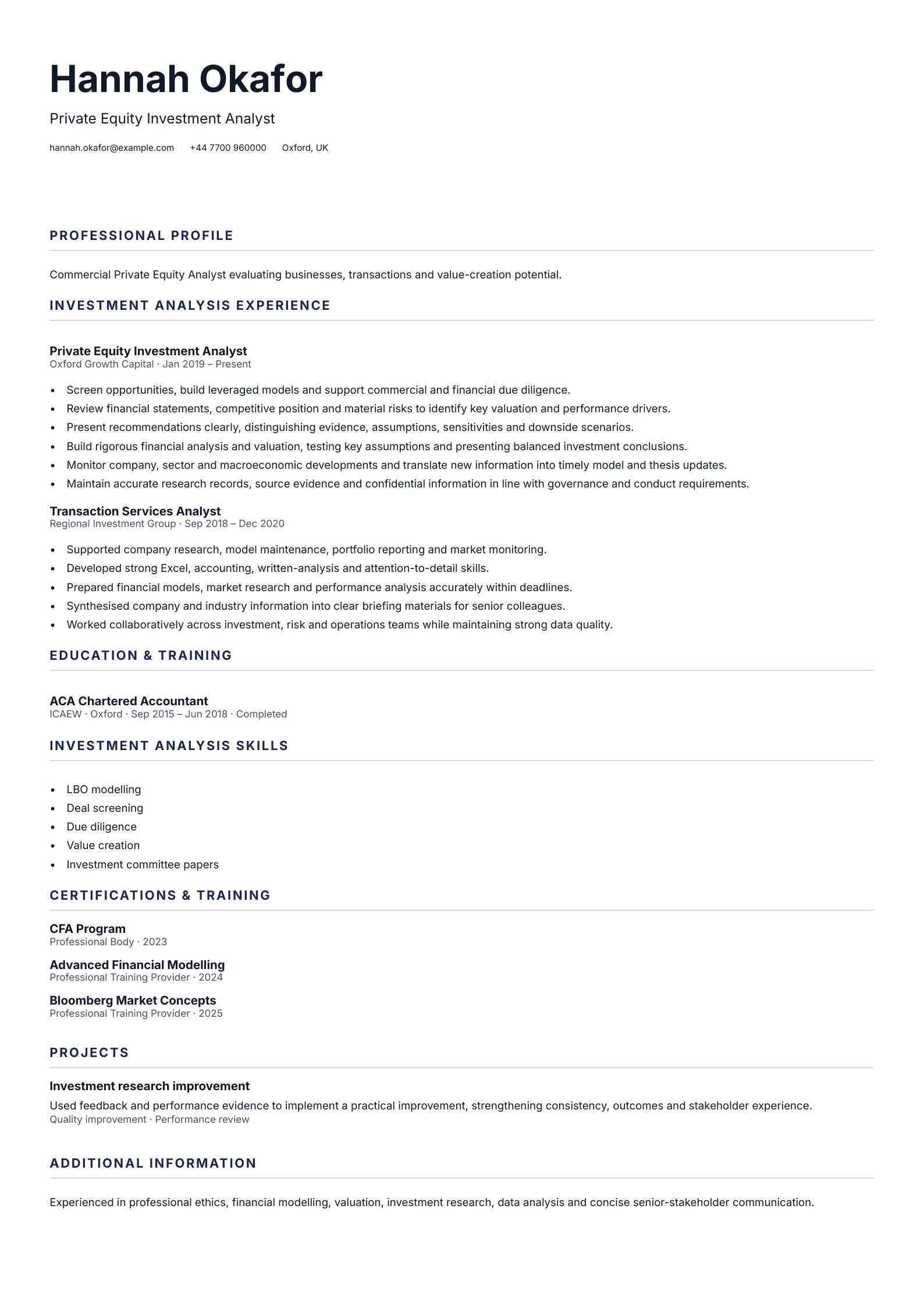 Private Equity Investment Analyst CV template
