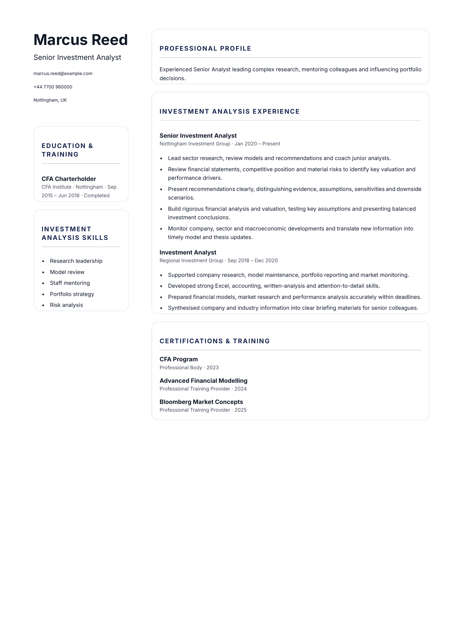 Senior Investment Analyst CV template