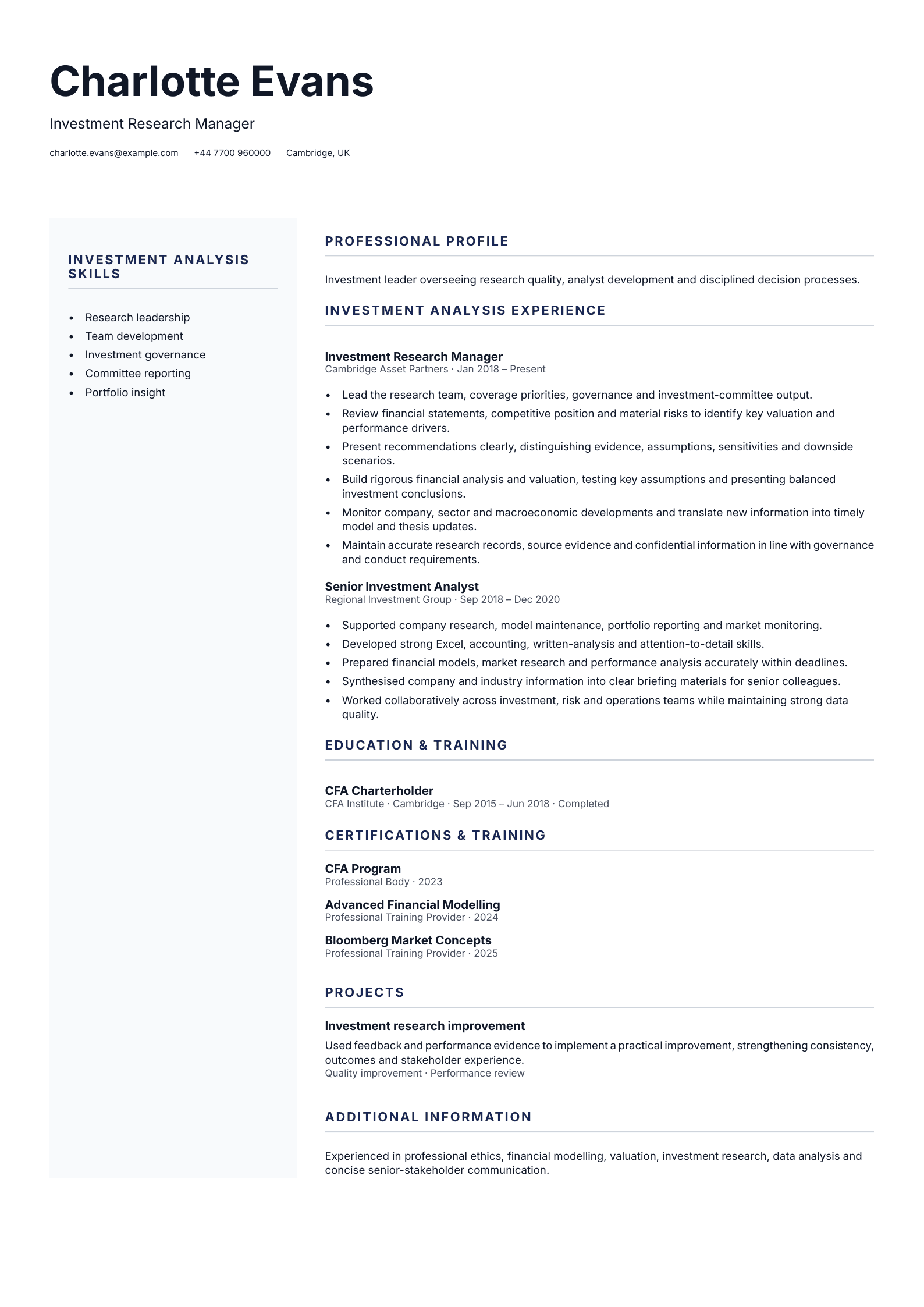 Investment Research Manager CV template