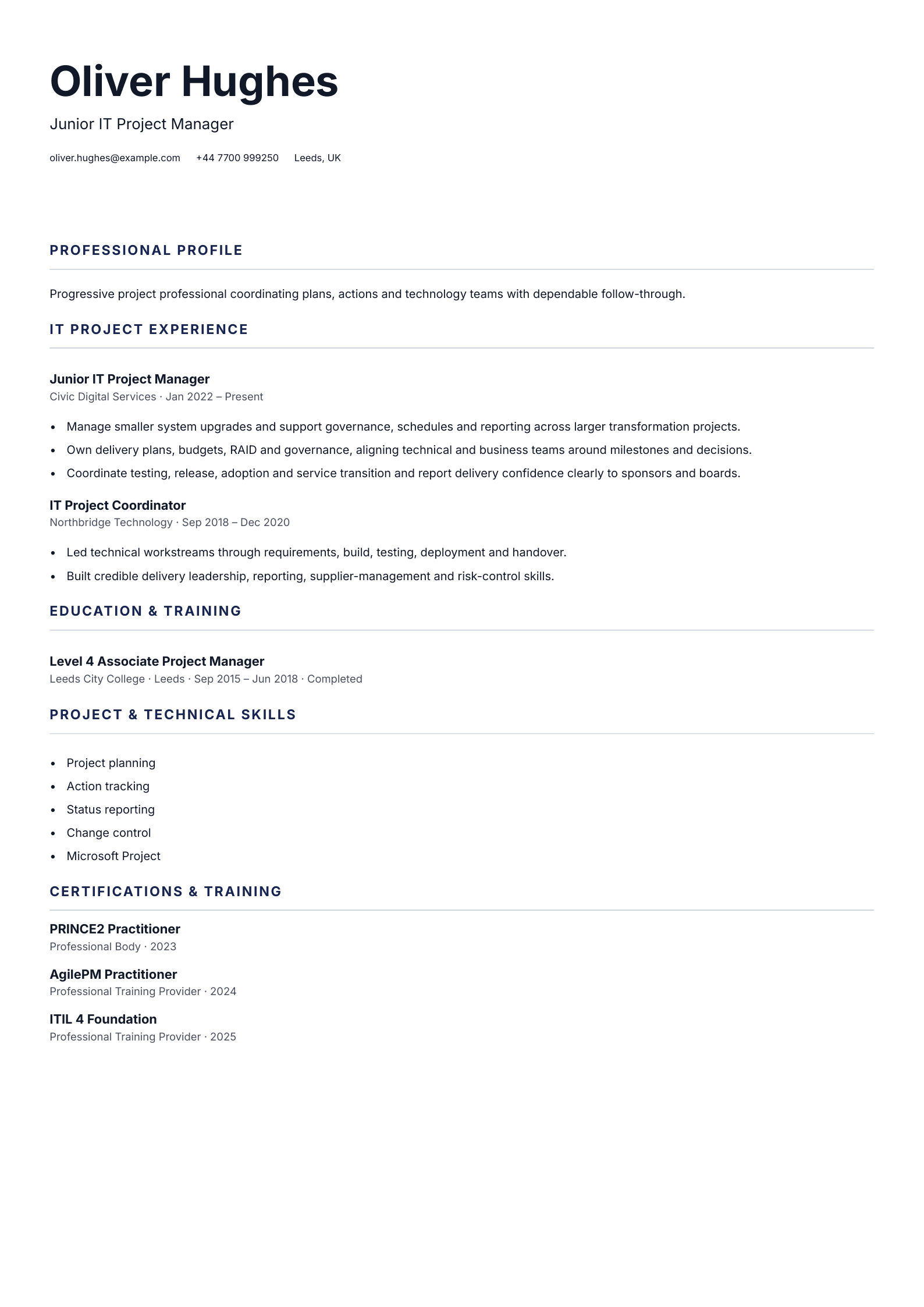 Junior IT Project Manager CV template