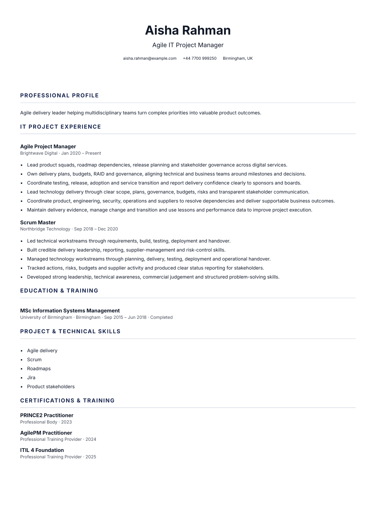 Agile IT Project Manager CV template