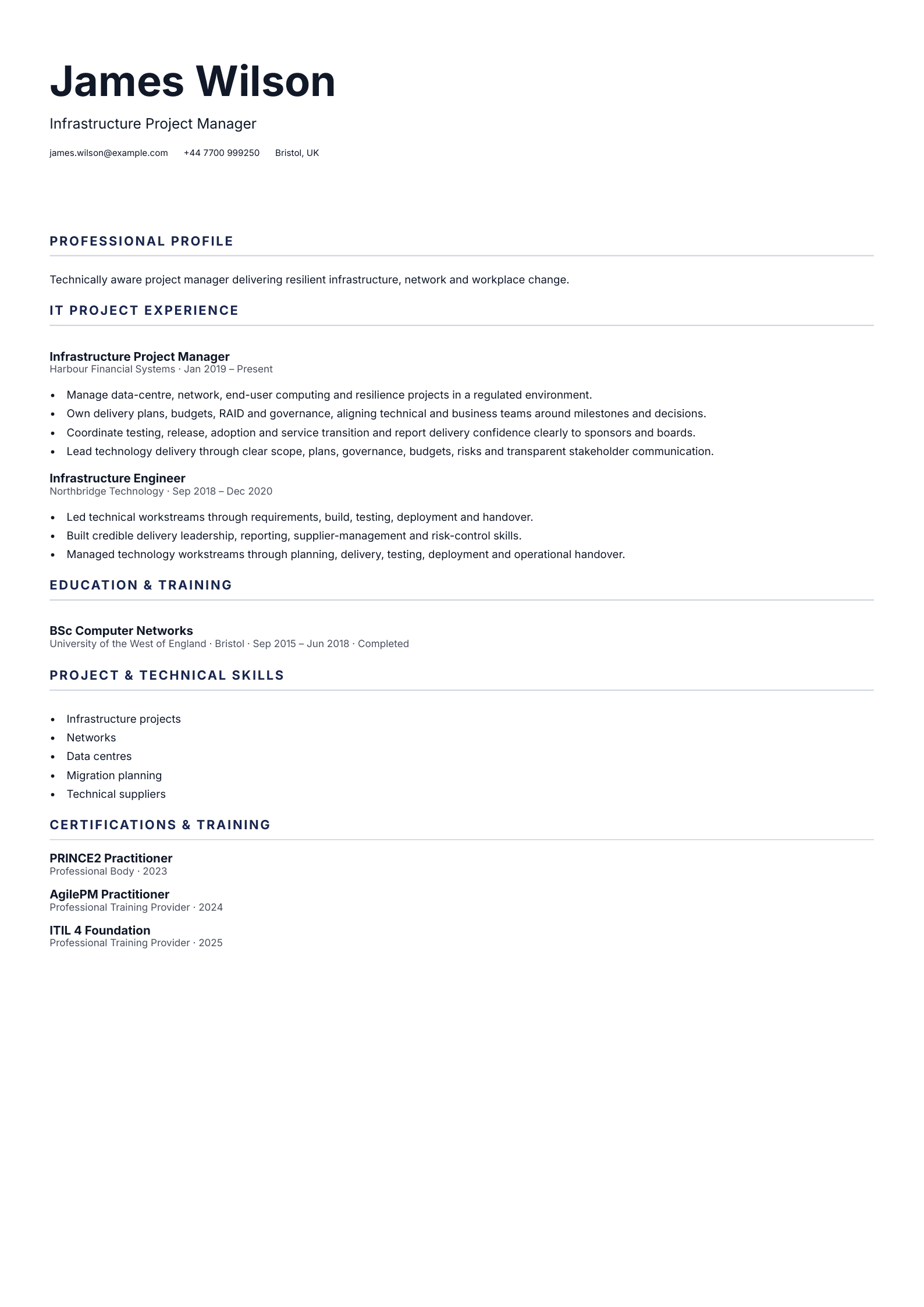 Infrastructure Project Manager CV template