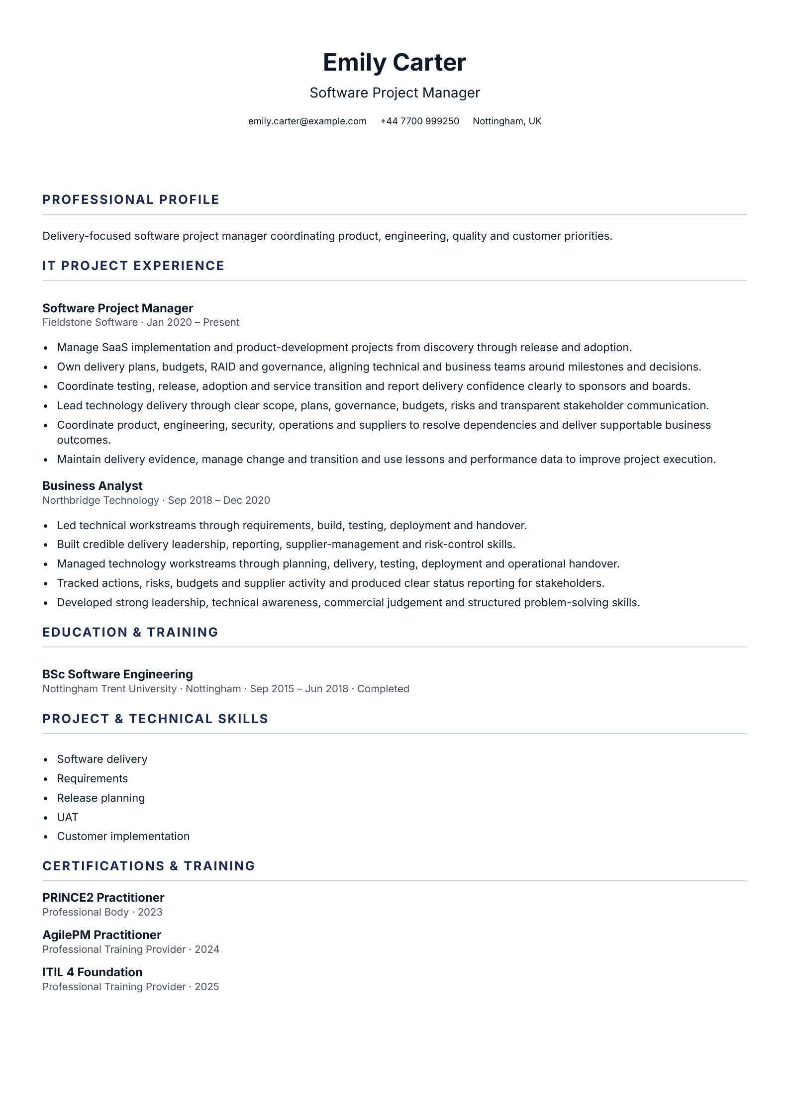 Software Project Manager CV template