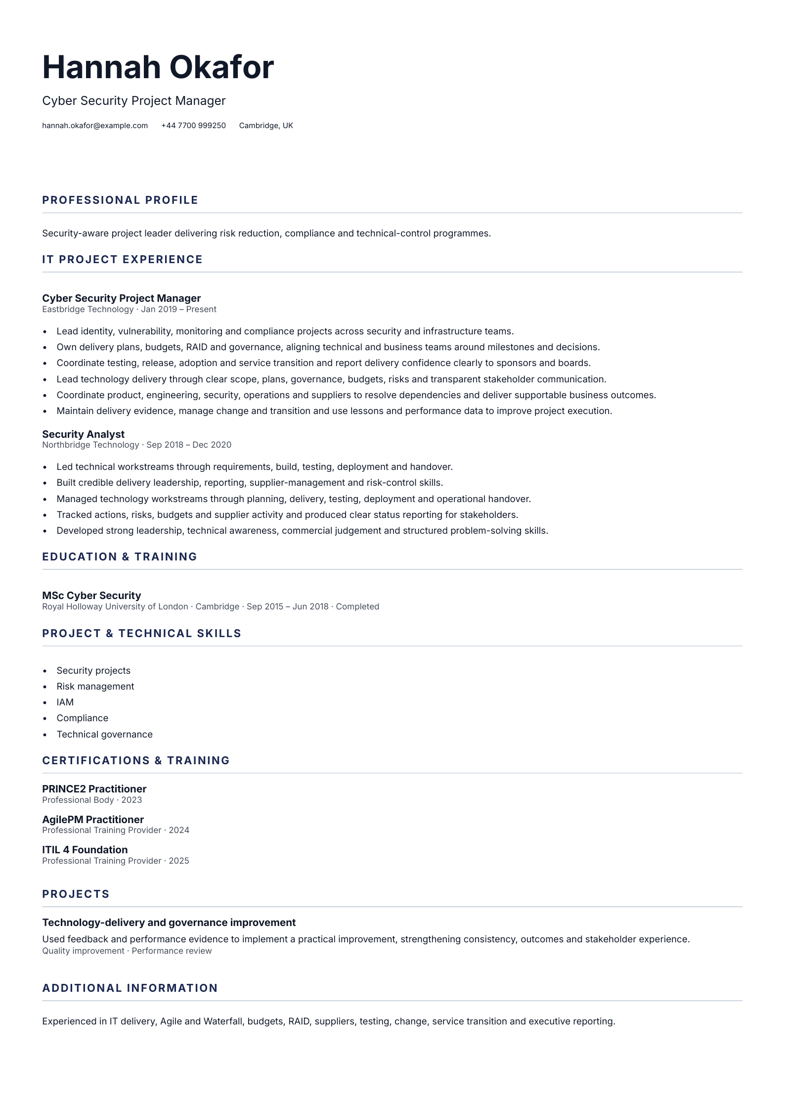 Cyber Security Project Manager CV template