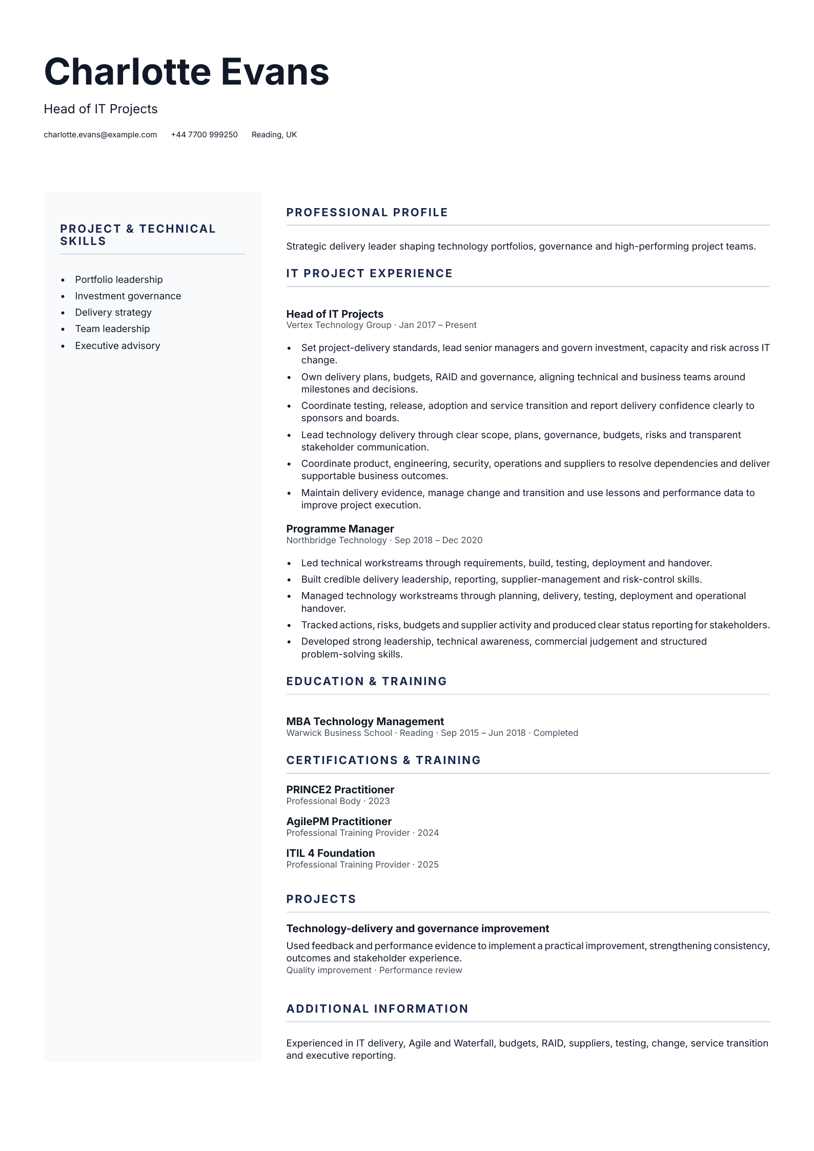 Head of IT Projects CV template