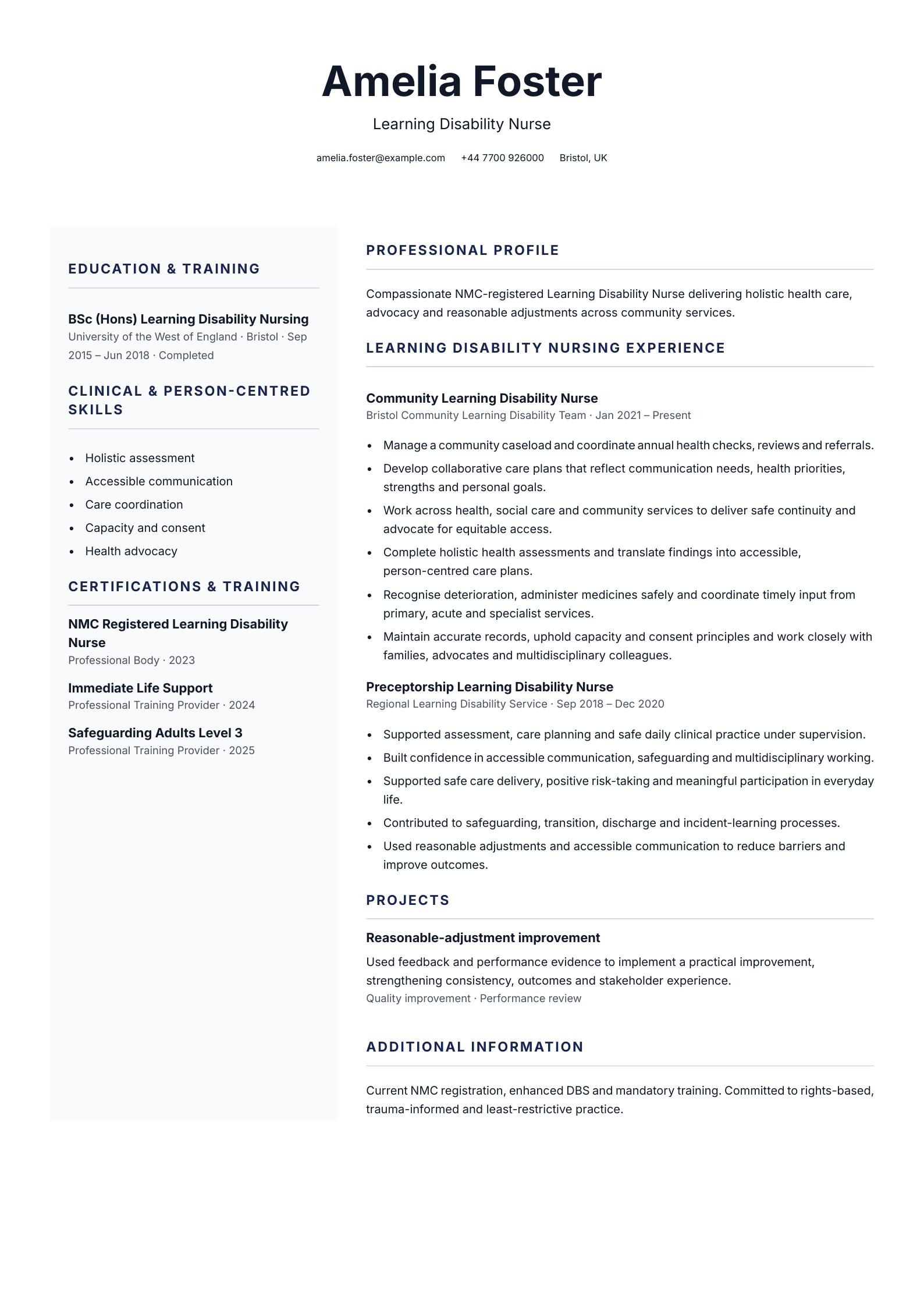 Learning disability nurse CV