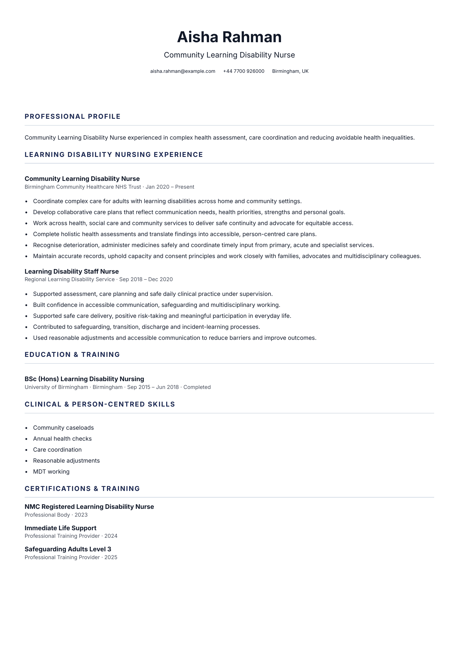 Community Learning Disability Nurse CV template