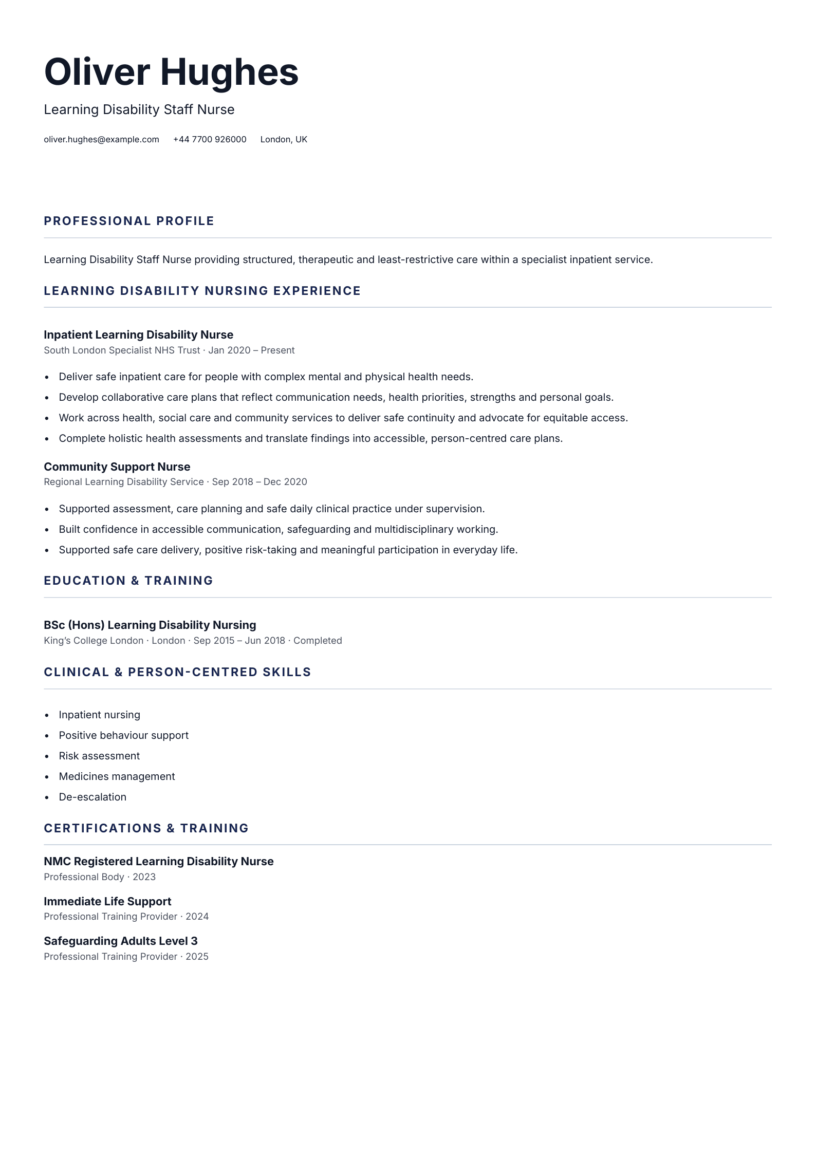 Learning Disability Staff Nurse CV template