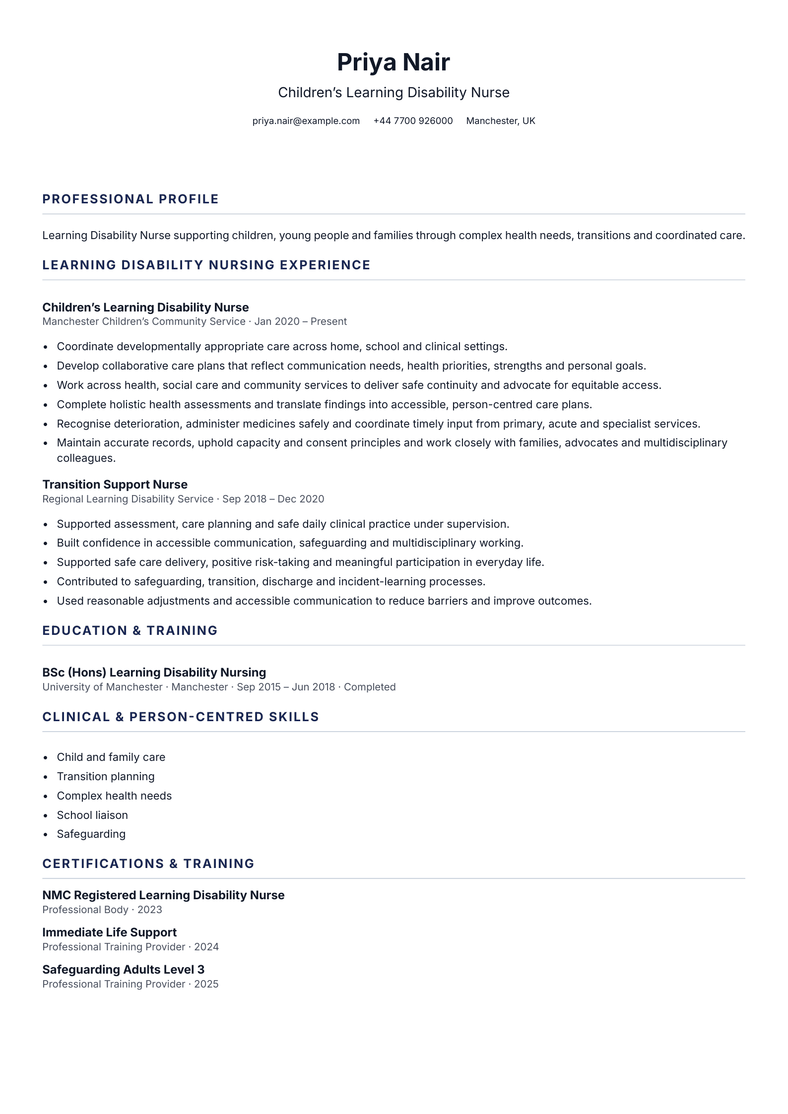 Children’s Learning Disability Nurse CV template